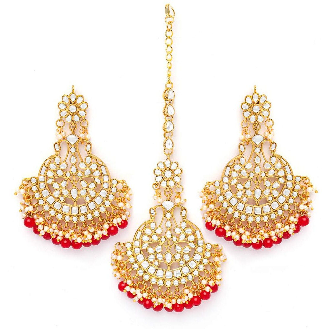 Shining Diva Fashion Latest Stylish Traditional Kundan Maang Tikka Earrings Jewellery Set for Women (Red)(12369mter), one