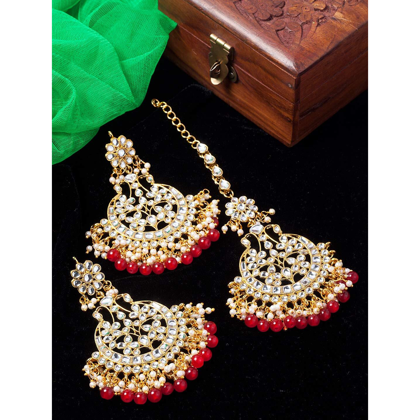 Shining Diva Fashion Latest Stylish Traditional Kundan Maang Tikka Earrings Jewellery Set for Women (Red)(12369mter), one