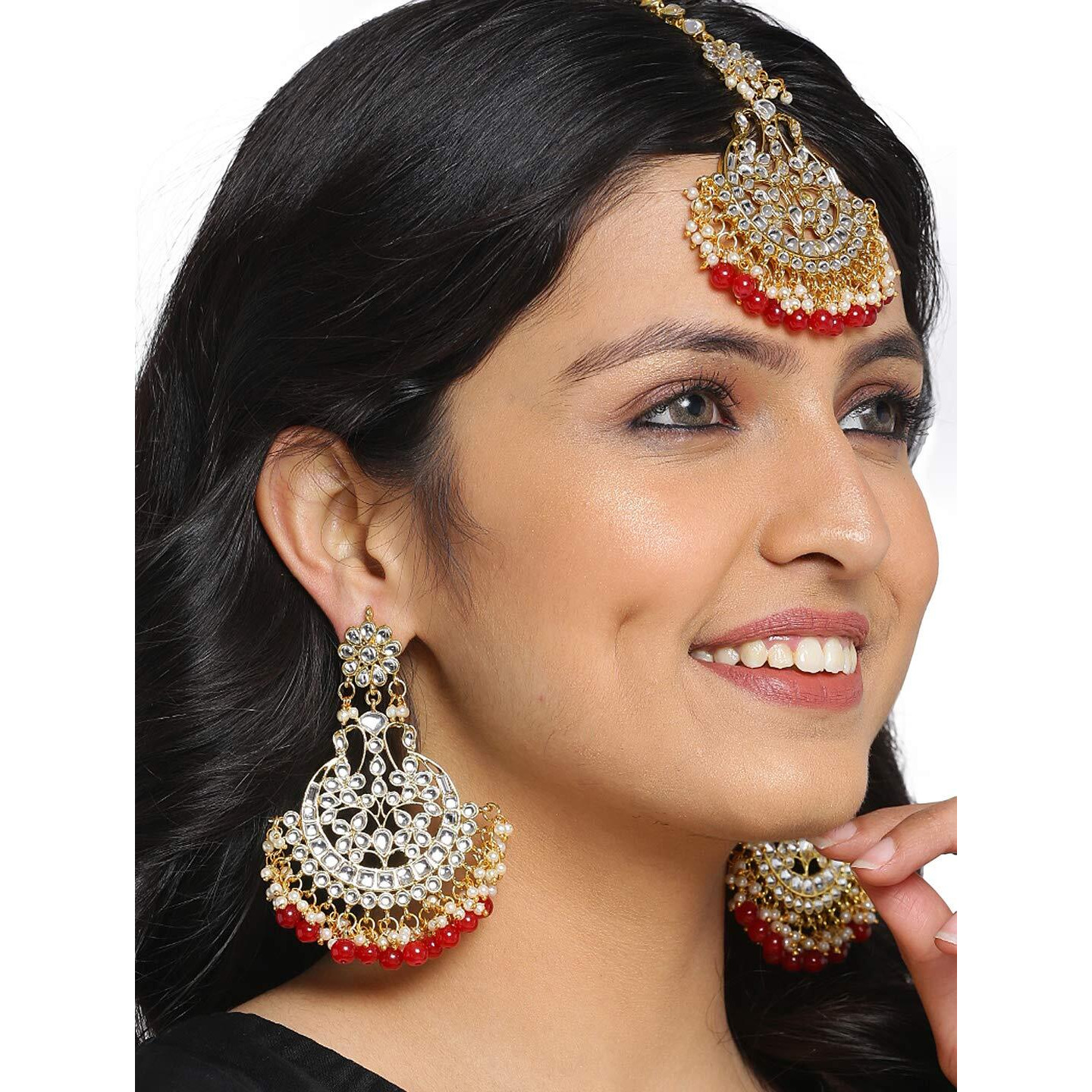 Shining Diva Fashion Latest Stylish Traditional Kundan Maang Tikka Earrings Jewellery Set for Women (Red)(12369mter), one