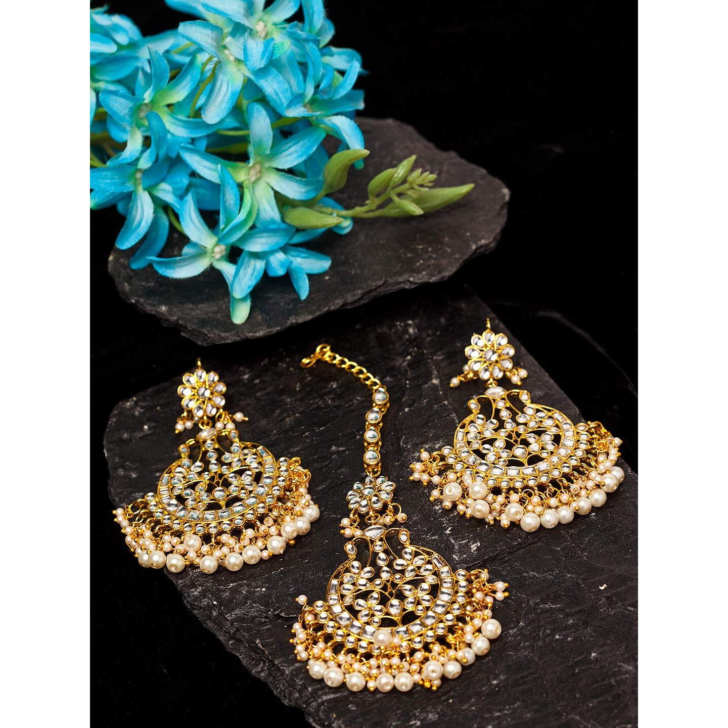 Shining Diva Fashion Latest Stylish Traditional Kundan Maang Tikka Earrings Jewellery Set for Women (White)(12370mter)
