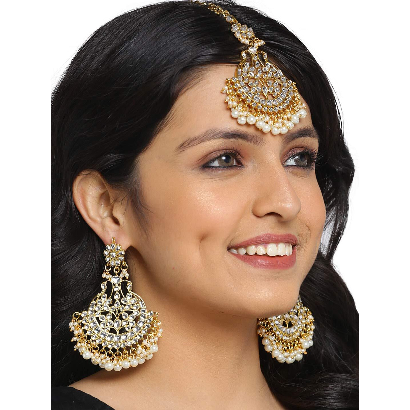 Shining Diva Fashion Latest Stylish Traditional Kundan Maang Tikka Earrings Jewellery Set for Women (White)(12370mter)