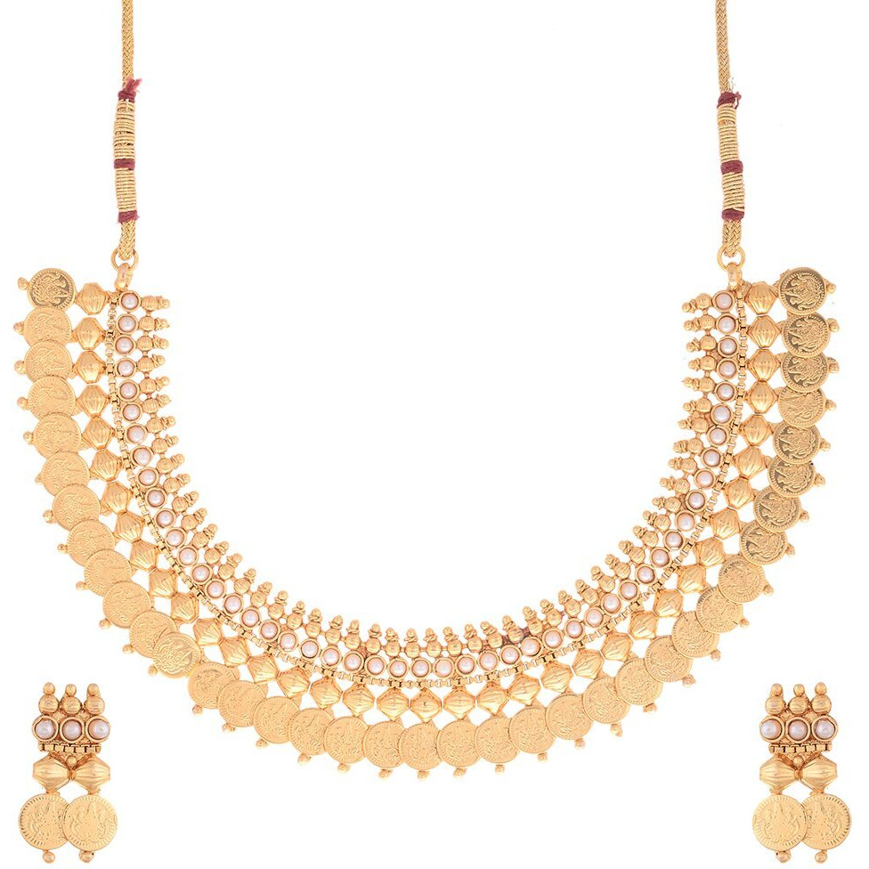 ZENEME Jewellery set Gold Plated Combo of Traditional White Pearl Temple Coin Necklace Set with Earrings and Bangle for Women & Girls