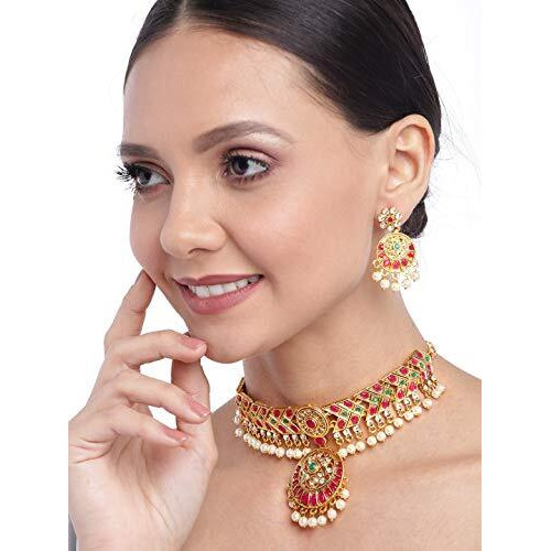 ZAVERI PEARLS Green & Pink Stones Traditional Pearls Choker Necklace & Earring Set For Women-ZPFK9556