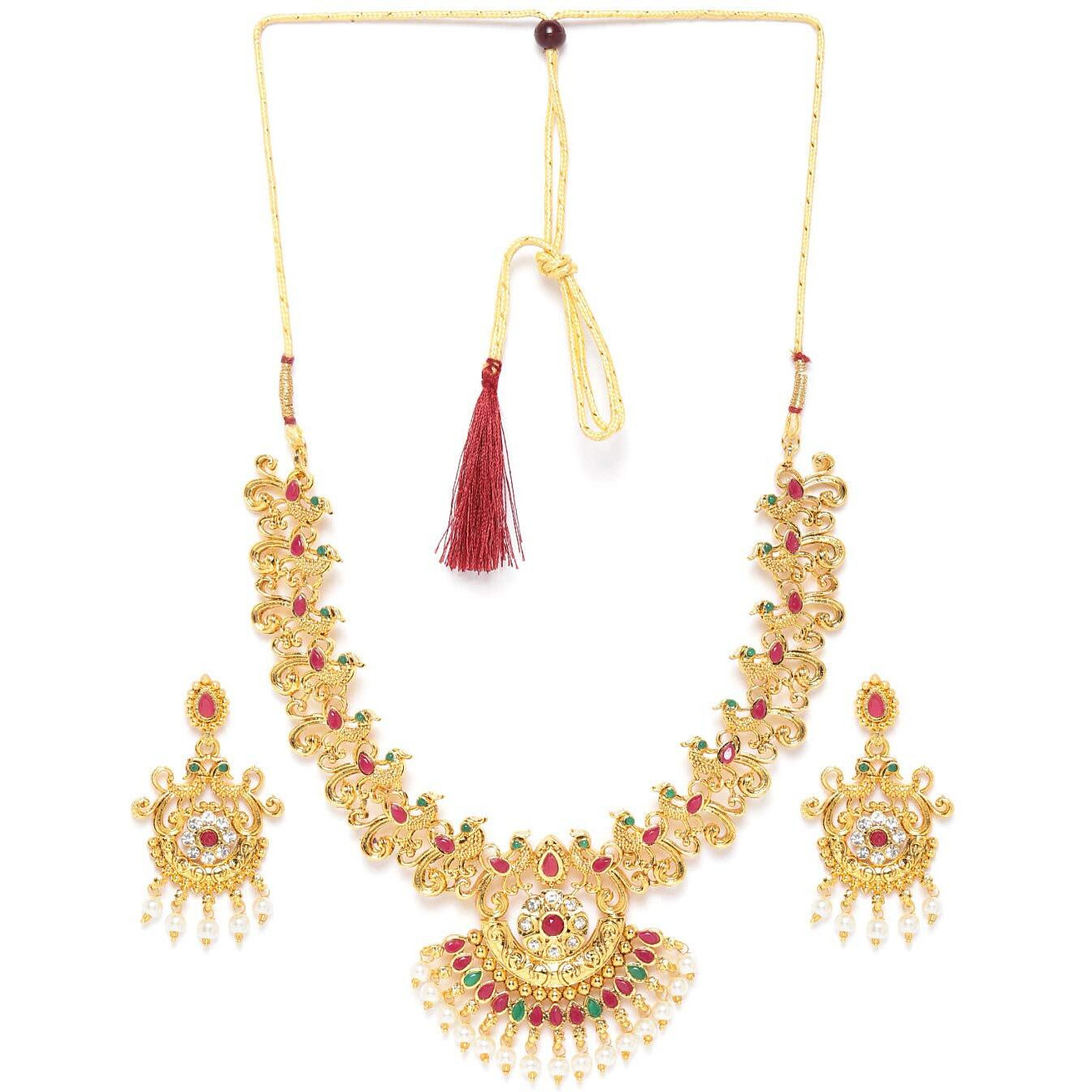 ZAVERI PEARLS Pink & Green Stones Peacock Inspired Traditional Necklace & Earring Set For Women-ZPFK9548