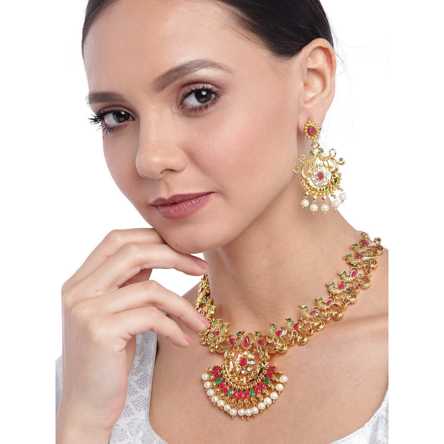 ZAVERI PEARLS Pink & Green Stones Peacock Inspired Traditional Necklace & Earring Set For Women-ZPFK9548