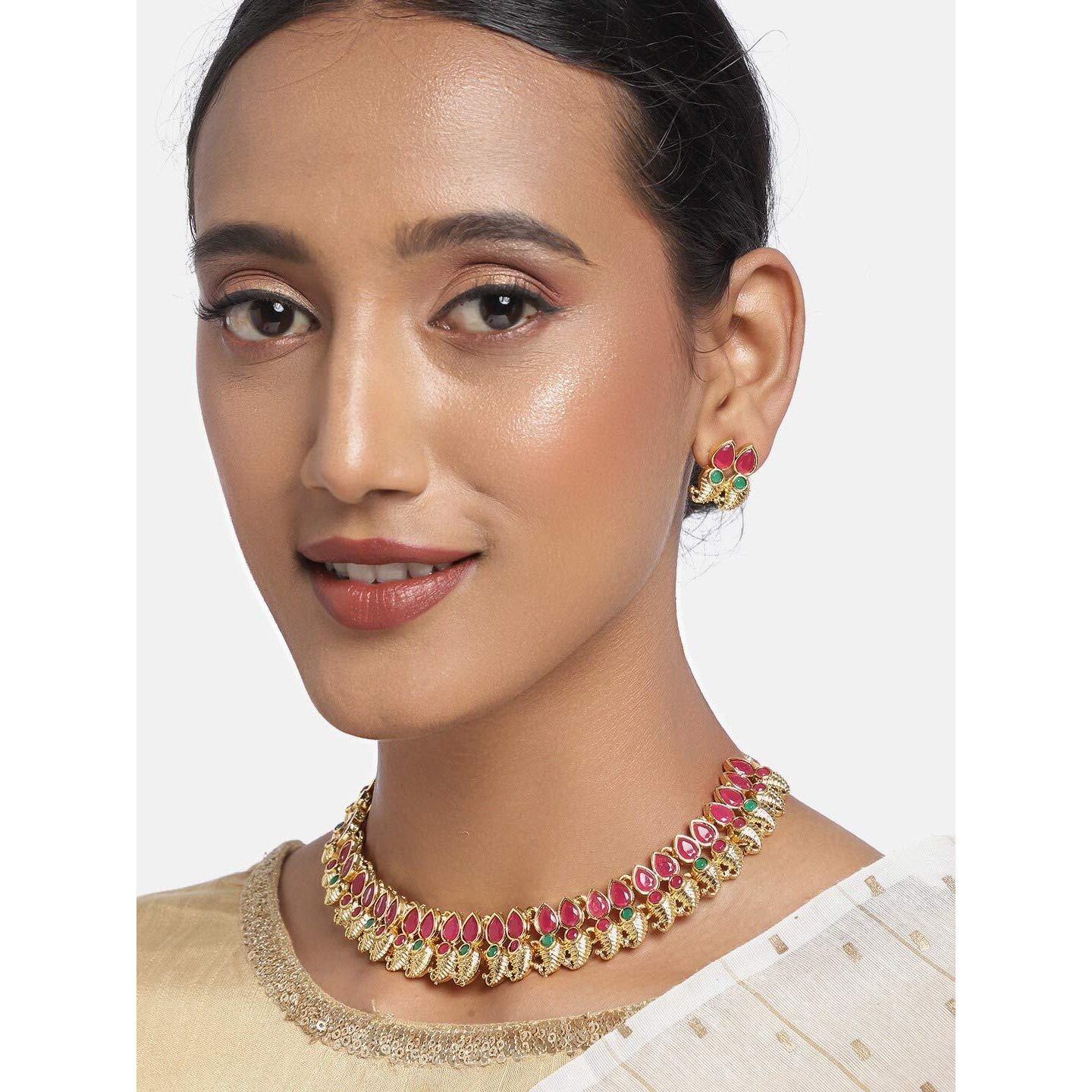 ZAVERI PEARLS Green & Pink Stones South Indian Style Necklace & Earring Set For Women-ZPFK9904