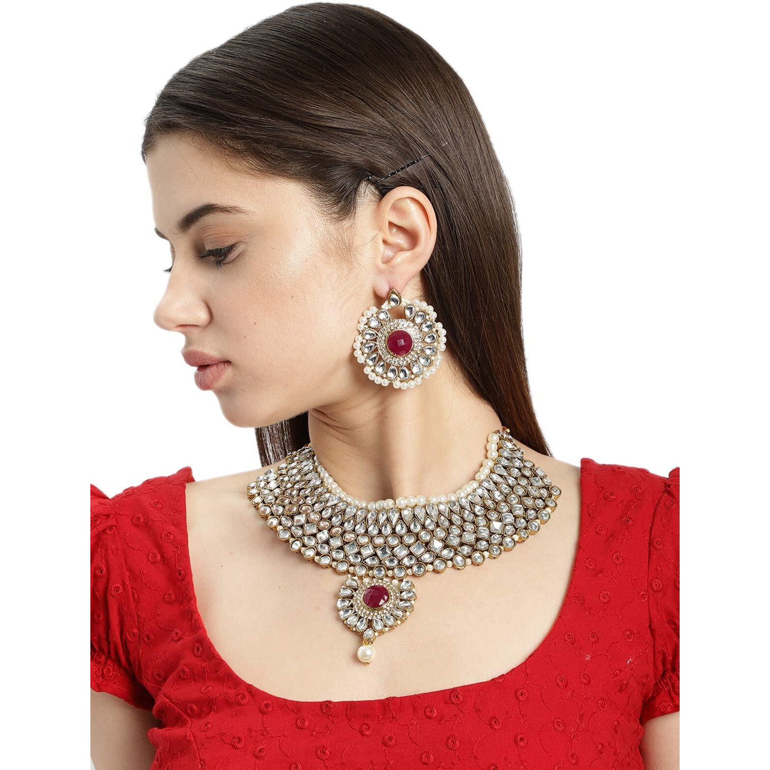 ZAVERI PEARLS Ethnic Kundan & Pearls Bridal Choker Necklace Set For Women-ZPFK8717