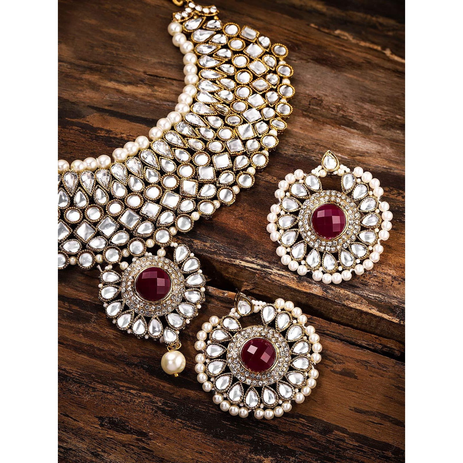 ZAVERI PEARLS Ethnic Kundan & Pearls Bridal Choker Necklace Set For Women-ZPFK8717