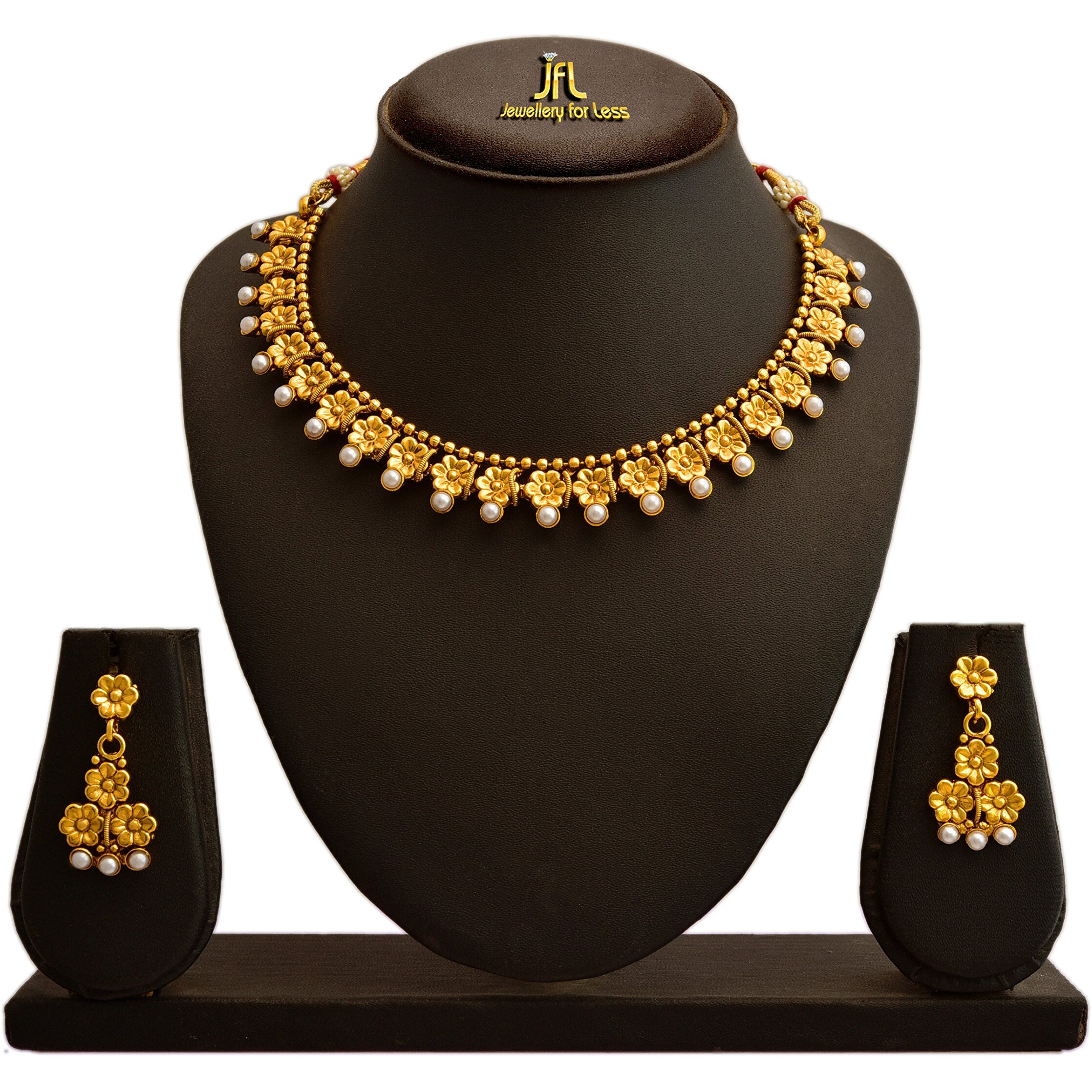 JFL - Jewellery for Less Traditional Ethnic One gm Gold Plated Floral Flower Pearls Designer Necklace Set with Earring for Women and Girls,Valentine
