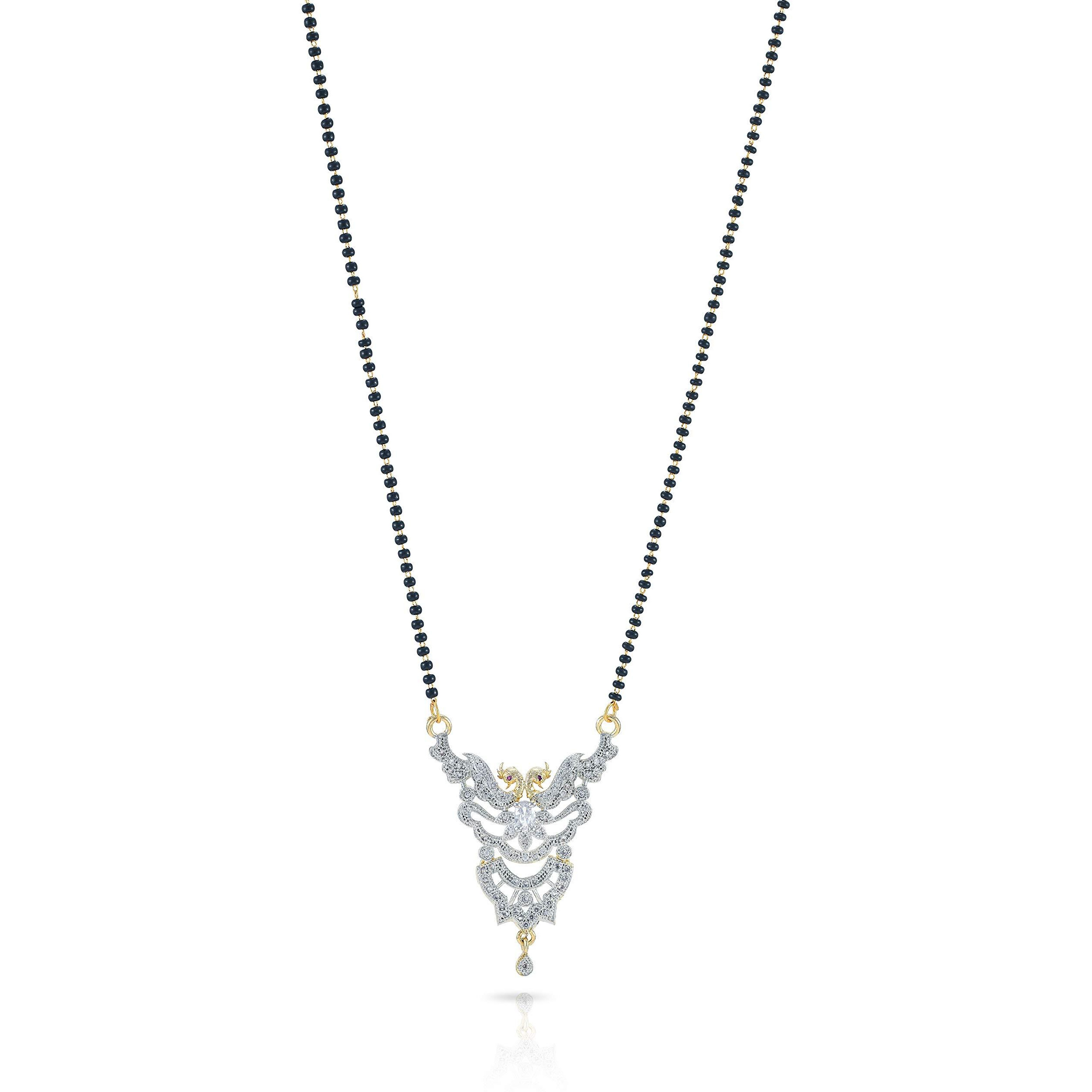 Yellow Chimes Sparkling AD/American Diamond Studded Ethnic Traditional Black Beads Designer Peacock Mangalsutra Pendant Set with Earrings for Women