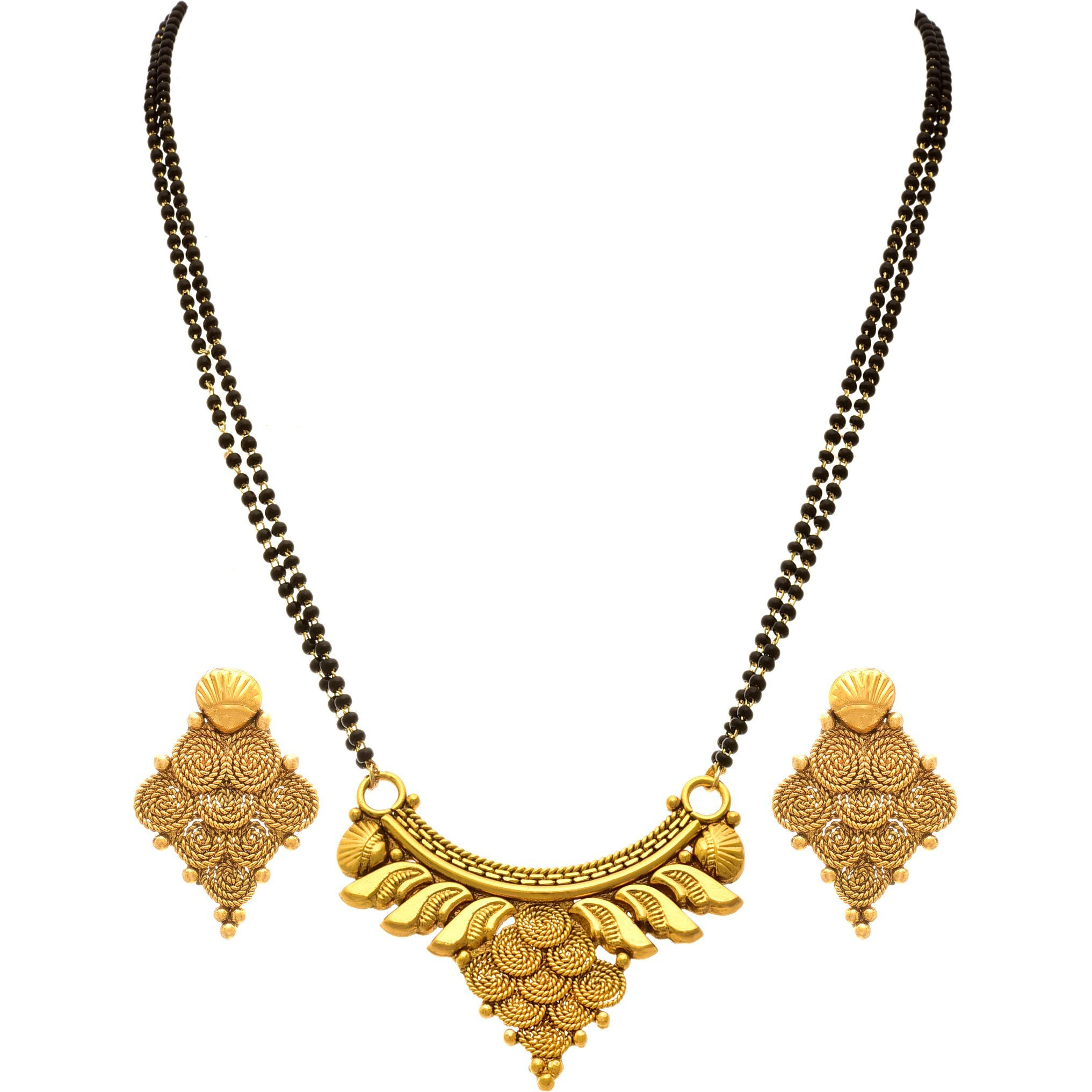 JFL - Traditional Ethnic One Gram Gold Plated Spiral Designer Mangalsutra with Earring and Double Black Beaded Chain for Women