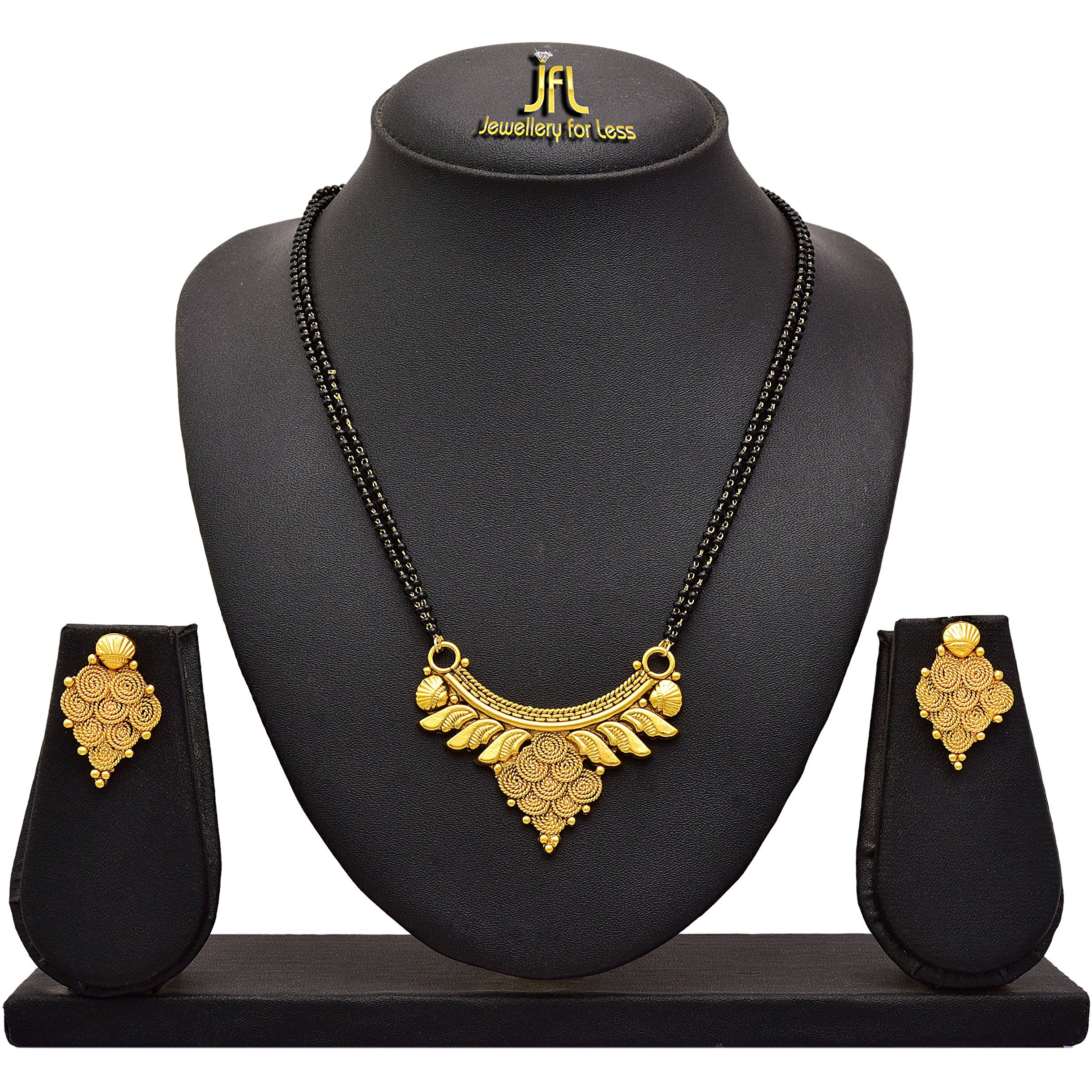 JFL - Traditional Ethnic One Gram Gold Plated Spiral Designer Mangalsutra with Earring and Double Black Beaded Chain for Women