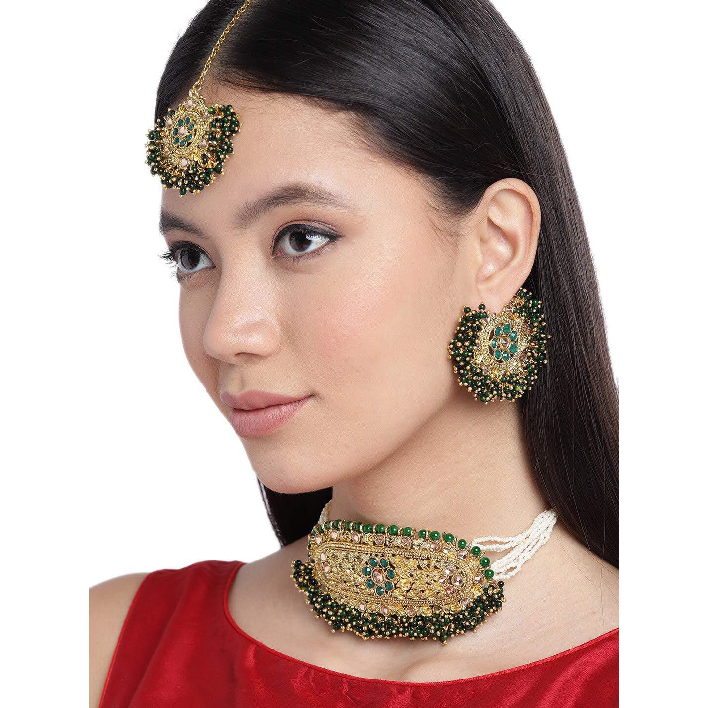ZAVERI PEARLS Green Beads Clustered Ethnic Choker Necklace, Earring & Maangtikka Set For Women-ZPFK9580