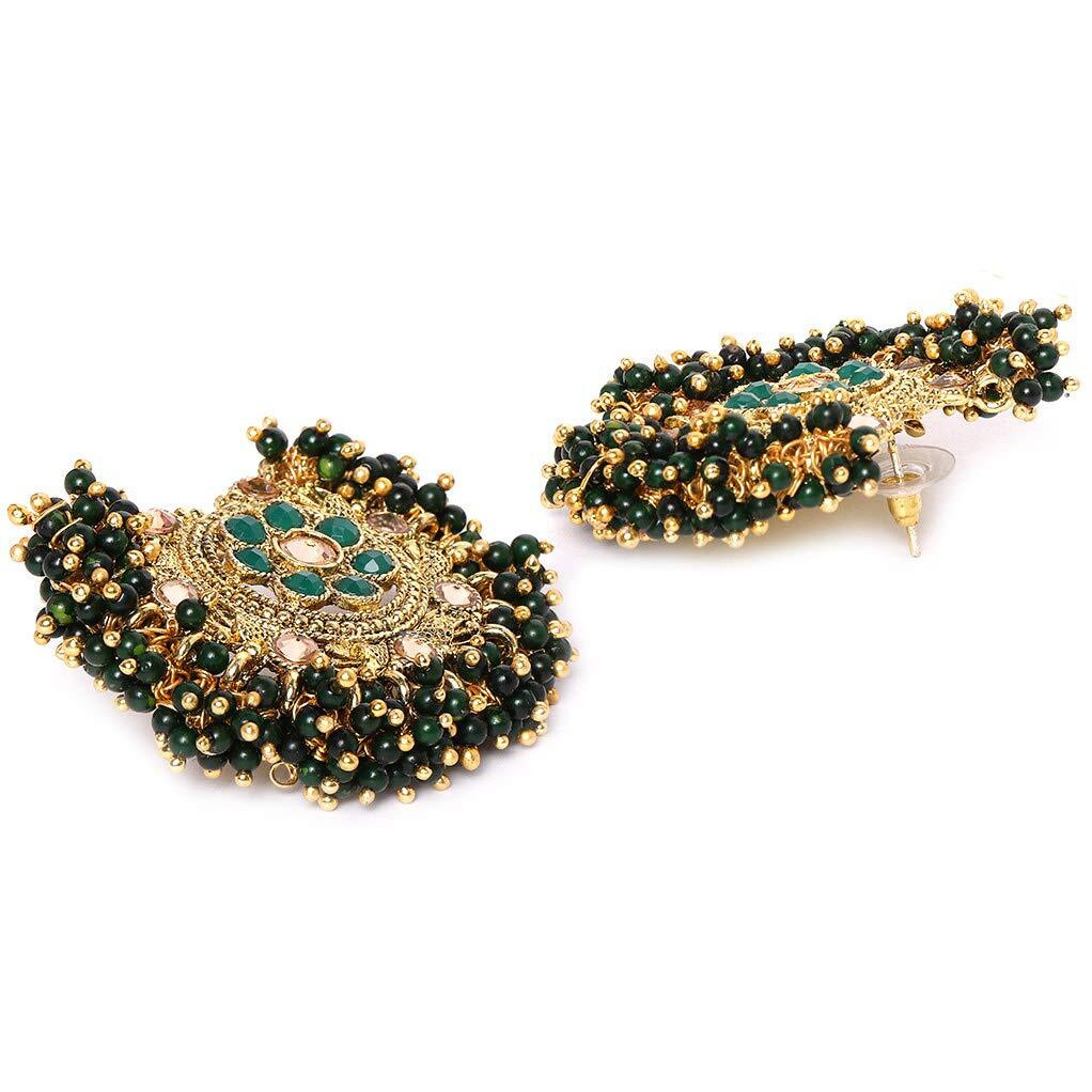 ZAVERI PEARLS Green Beads Clustered Ethnic Choker Necklace, Earring & Maangtikka Set For Women-ZPFK9580