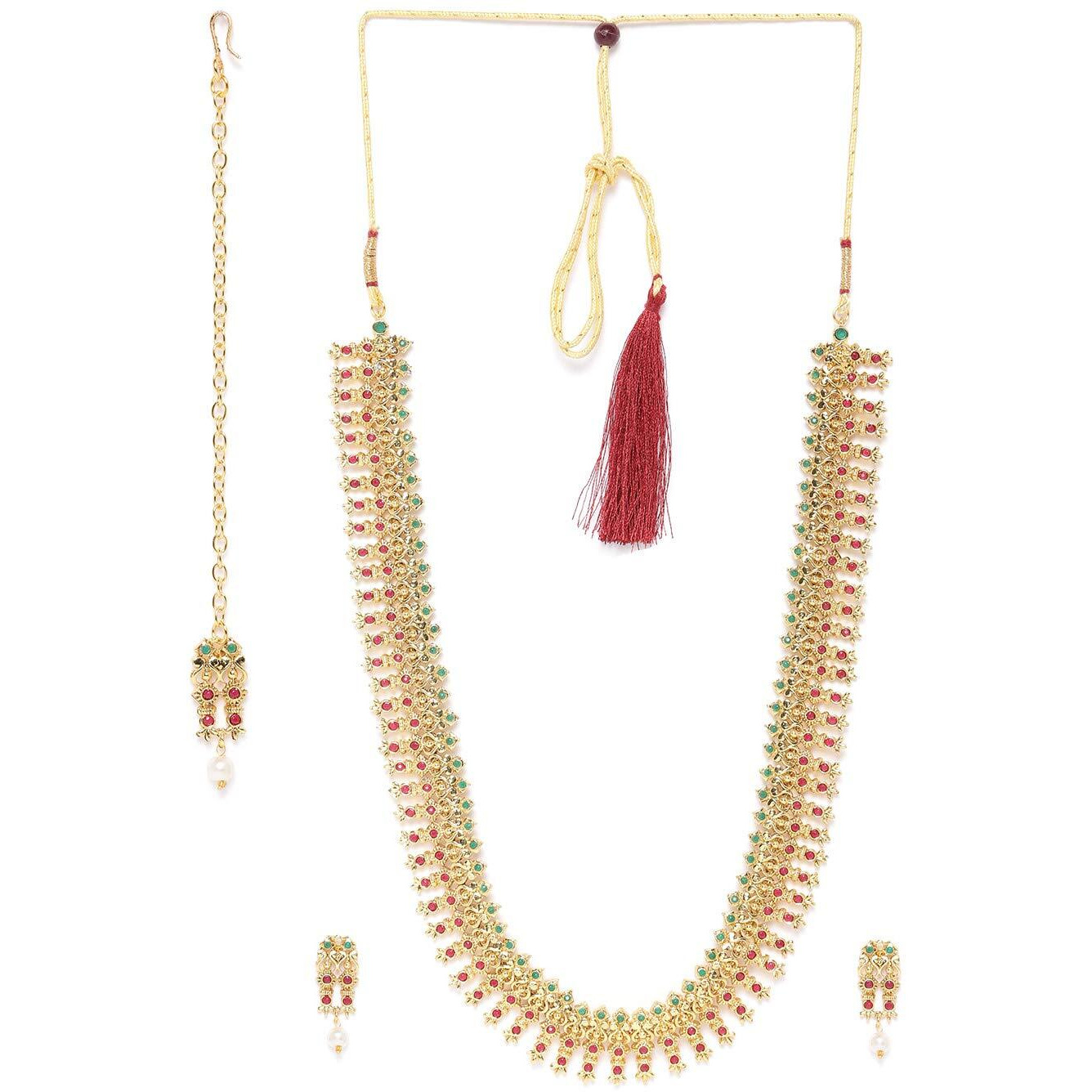 ZAVERI PEARLS Green & Pink Stones Traditional Long Necklace, Earring & Maangtikka Set For Women-ZPFK9563