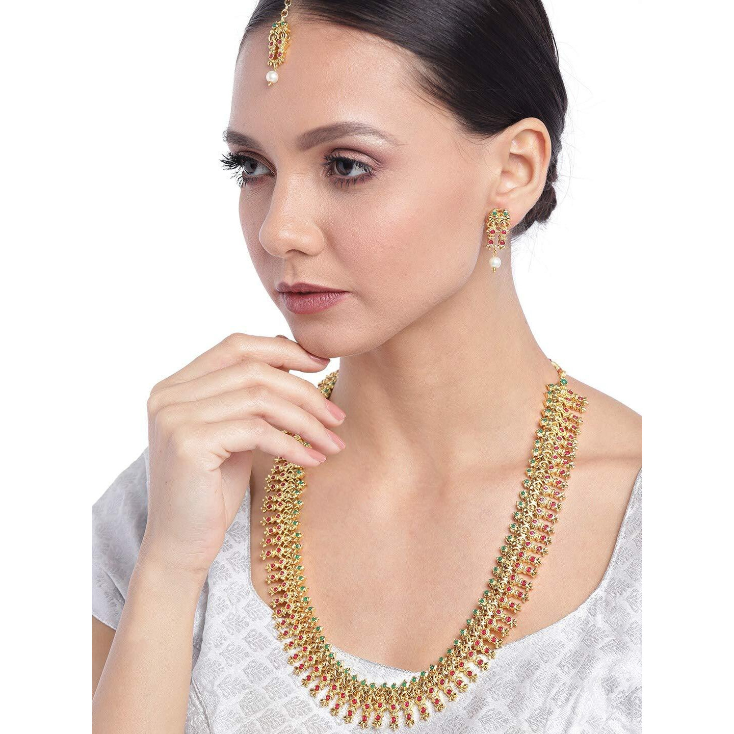 ZAVERI PEARLS Green & Pink Stones Traditional Long Necklace, Earring & Maangtikka Set For Women-ZPFK9563