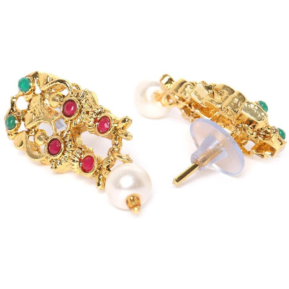ZAVERI PEARLS Green & Pink Stones Traditional Long Necklace, Earring & Maangtikka Set For Women-ZPFK9563