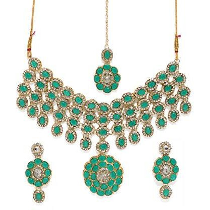 ZAVERI PEARLS Gold Tone Austrian Diamonds And Green Stones Studded Choker Necklace Set For Women-ZPFK8868