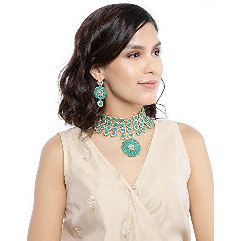 ZAVERI PEARLS Gold Tone Austrian Diamonds And Green Stones Studded Choker Necklace Set For Women-ZPFK8868