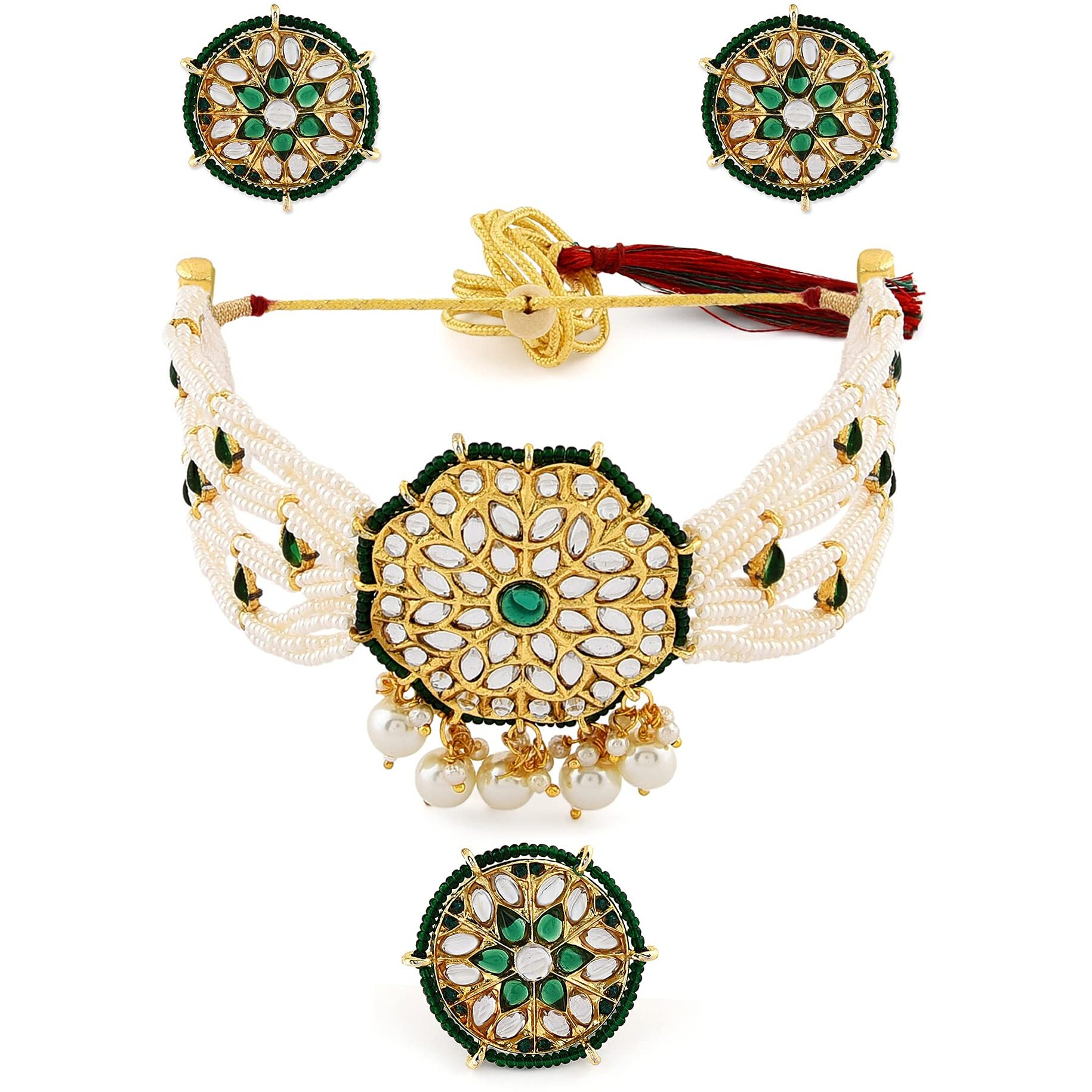 ZAVERI PEARLS Green Kundan & Pearls Choker Necklace Earring & Ring Set For Women-ZPFK11229