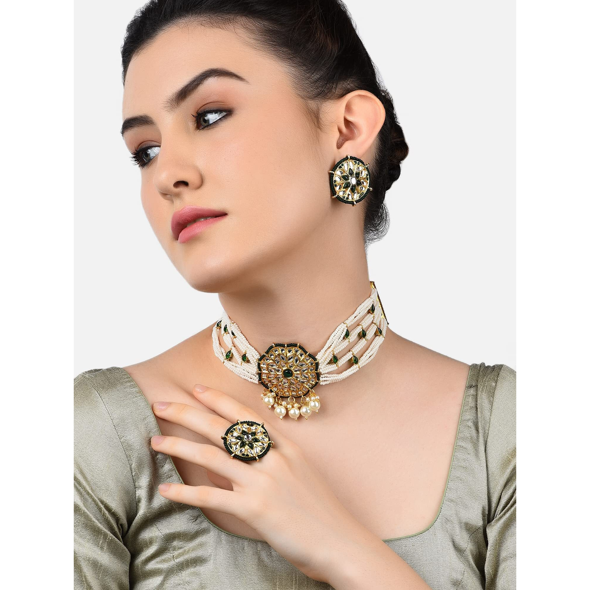 ZAVERI PEARLS Green Kundan & Pearls Choker Necklace Earring & Ring Set For Women-ZPFK11229