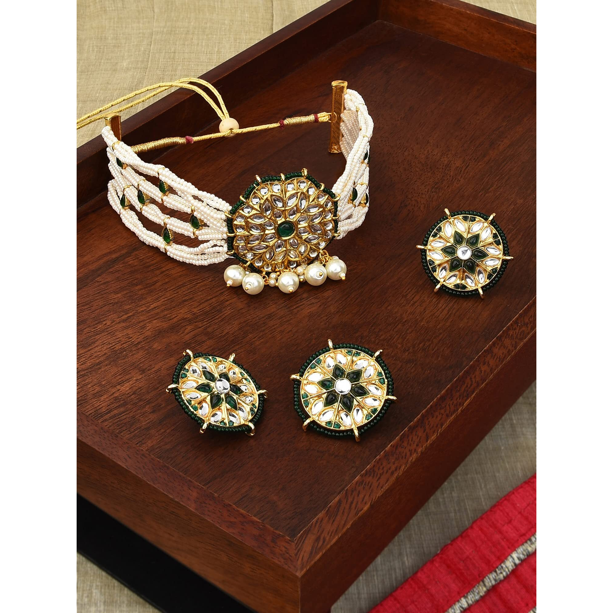 ZAVERI PEARLS Green Kundan & Pearls Choker Necklace Earring & Ring Set For Women-ZPFK11229