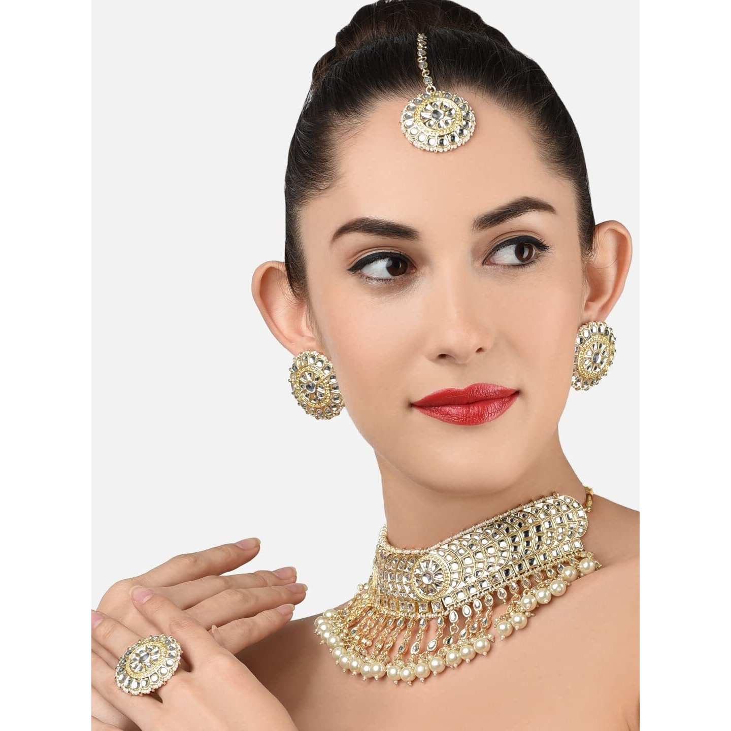 ZAVERI PEARLS Gold Tone Kundan Choker Necklace Earring Maangtikka & ring Set For Women-ZPFK11656