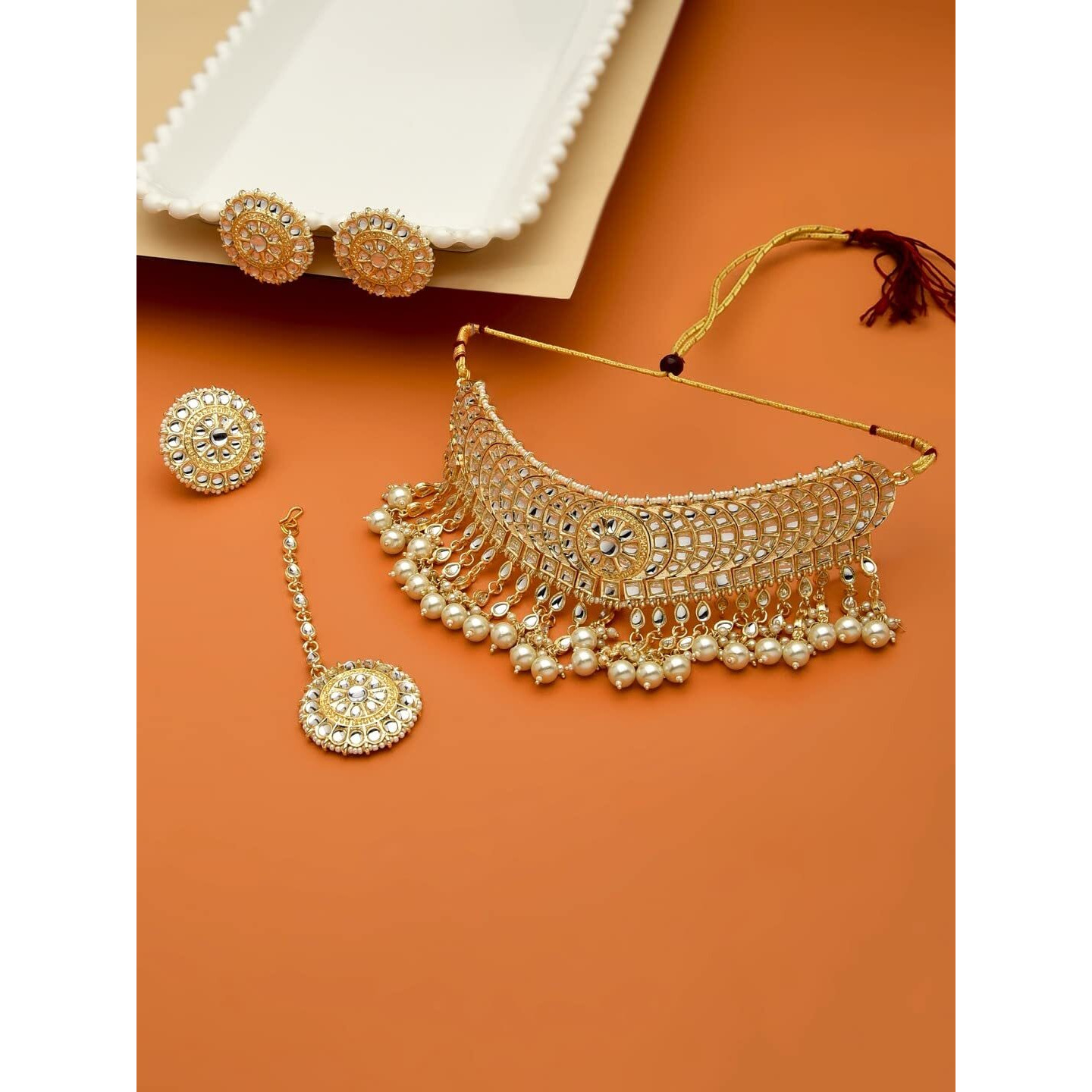 ZAVERI PEARLS Gold Tone Kundan Choker Necklace Earring Maangtikka & ring Set For Women-ZPFK11656