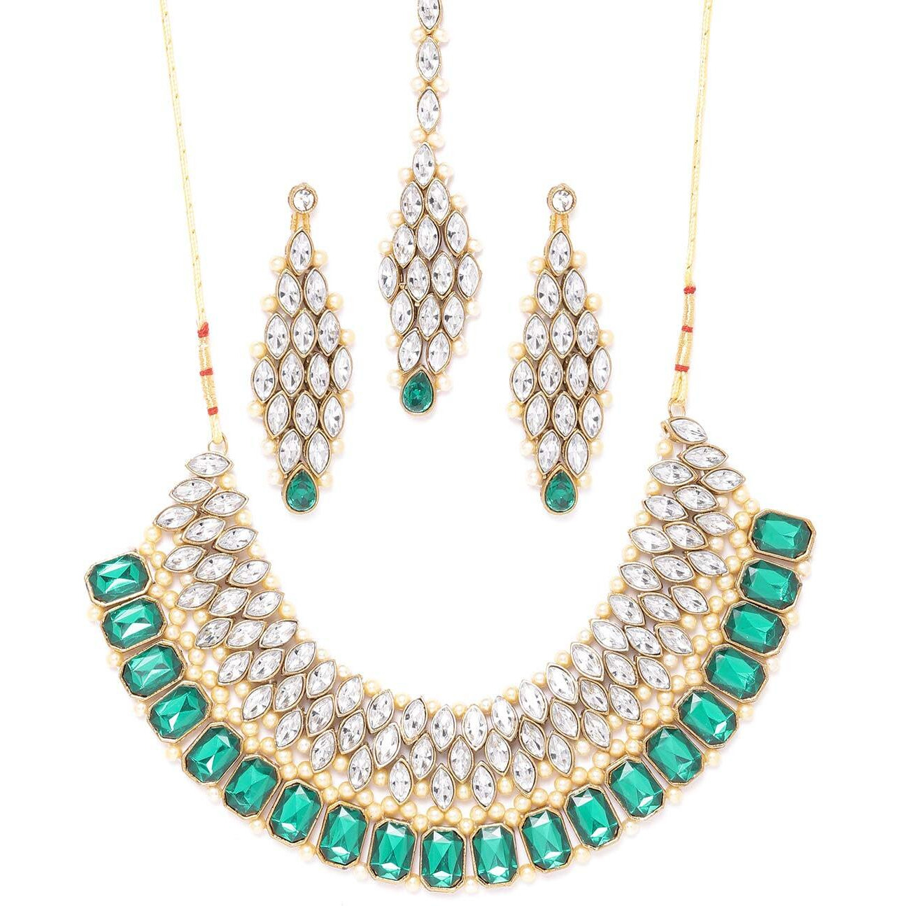 ZAVERI PEARLS Crystal Shine Green Stones Bridal Necklace, Earring & Maangtikka Set For Women-ZPFK9564