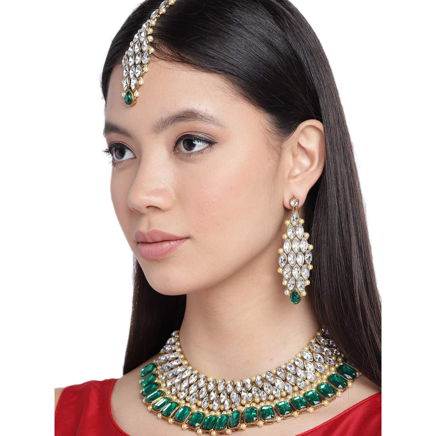ZAVERI PEARLS Crystal Shine Green Stones Bridal Necklace, Earring & Maangtikka Set For Women-ZPFK9564
