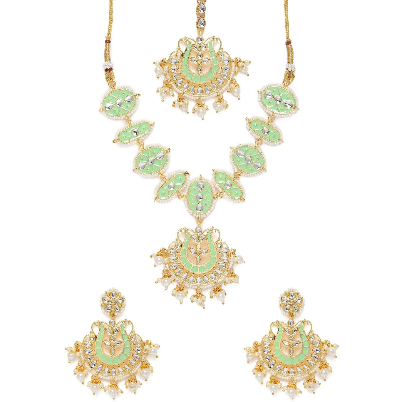 ZAVERI PEARLS Pastel Green Meenakari Kundan Choker Necklace Earring & Maangtikka Set For Women-ZPFK10288