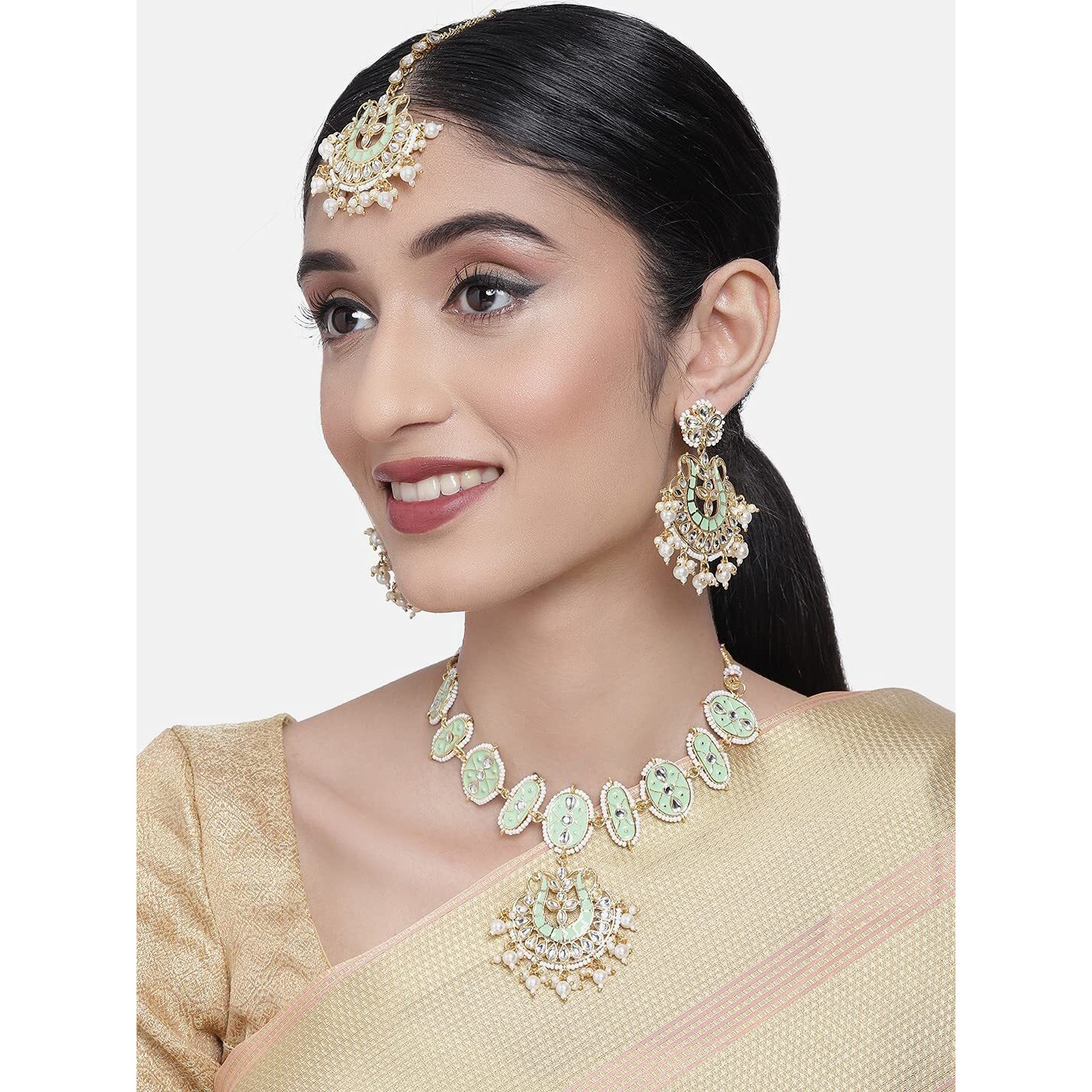ZAVERI PEARLS Pastel Green Meenakari Kundan Choker Necklace Earring & Maangtikka Set For Women-ZPFK10288