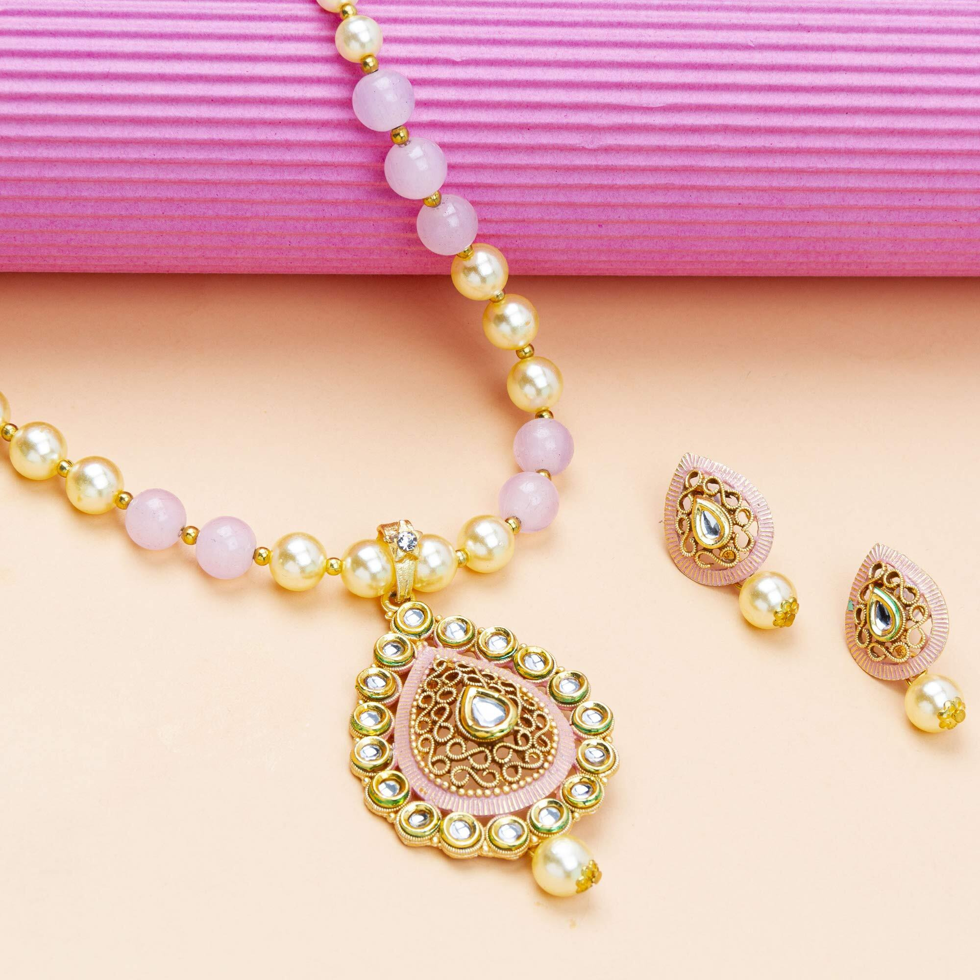 Jewels Galaxy Stunning Kundan & Pearl Studded Gold Plated Necklace Set for Women/Girls (CT-NCK-44022)