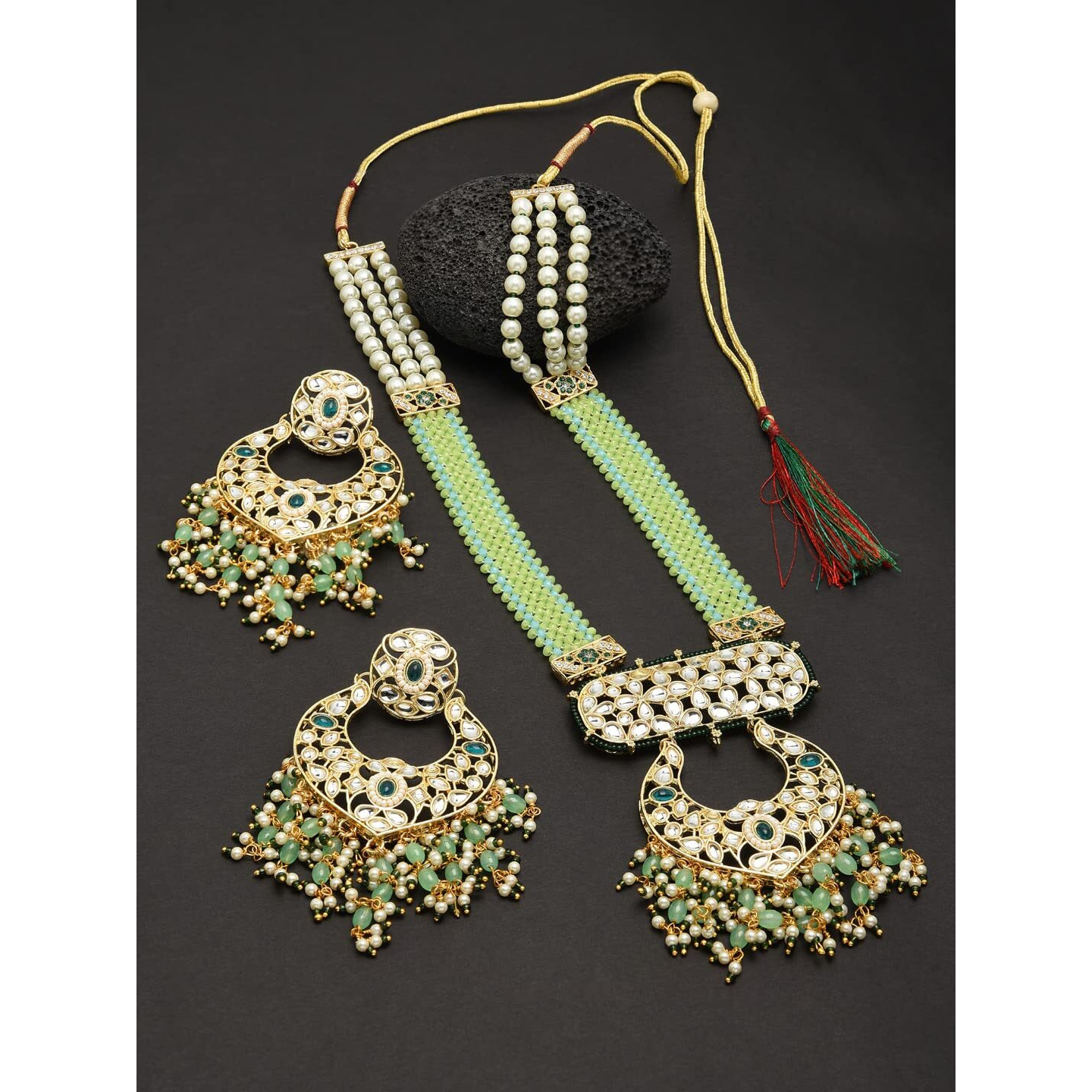 ZAVERI PEARLS Green Traditional Long Kundan Necklace & Earring Set For Women-ZPFK11423