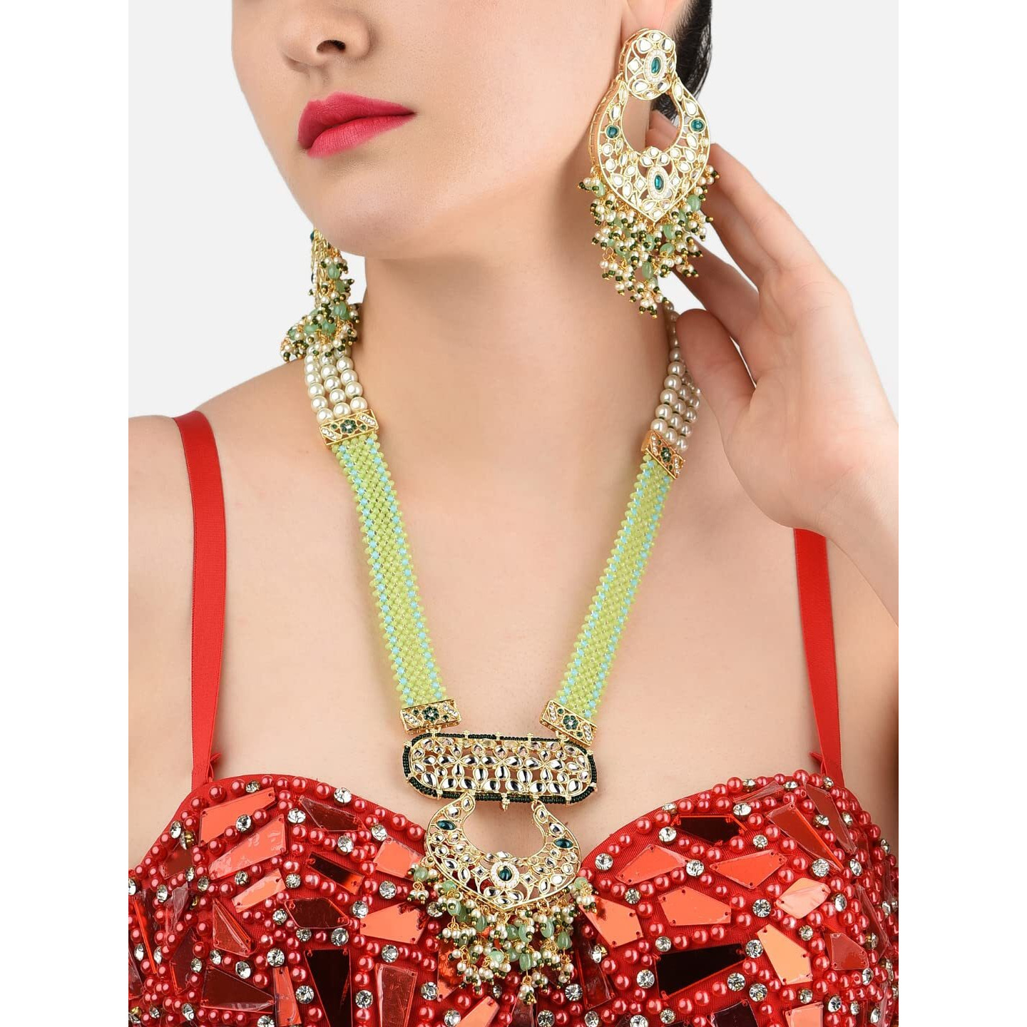 ZAVERI PEARLS Green Traditional Long Kundan Necklace & Earring Set For Women-ZPFK11423