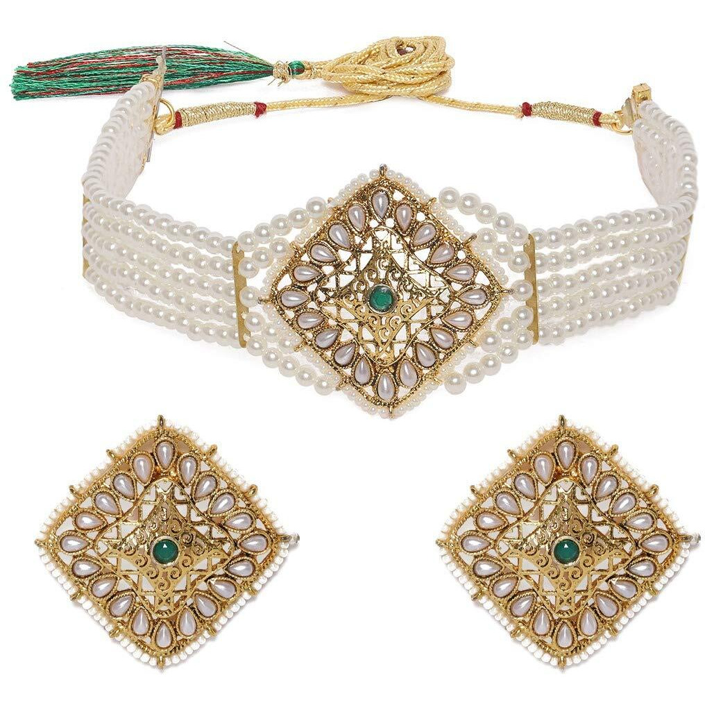 ZAVERI PEARLS Gold Tone Pearls Choker Necklace & Earring Set For Women-ZPFK9810