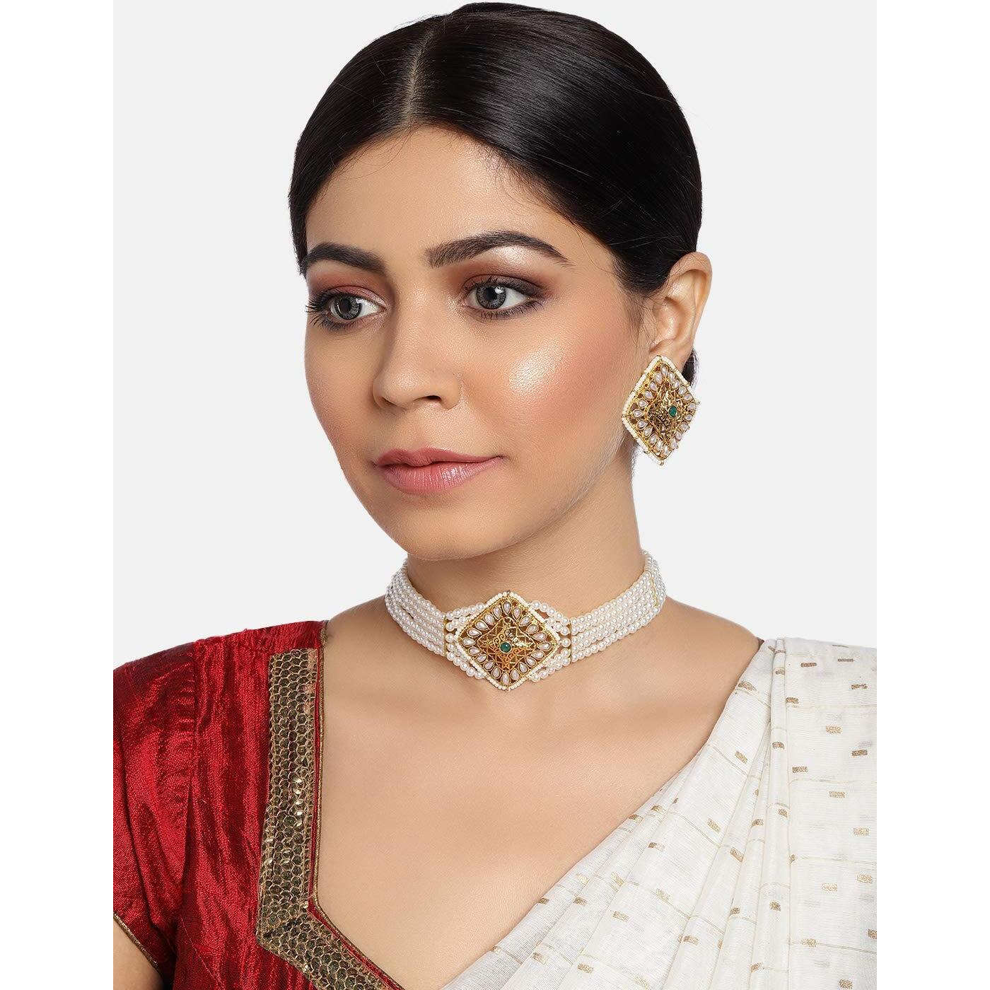 ZAVERI PEARLS Gold Tone Pearls Choker Necklace & Earring Set For Women-ZPFK9810