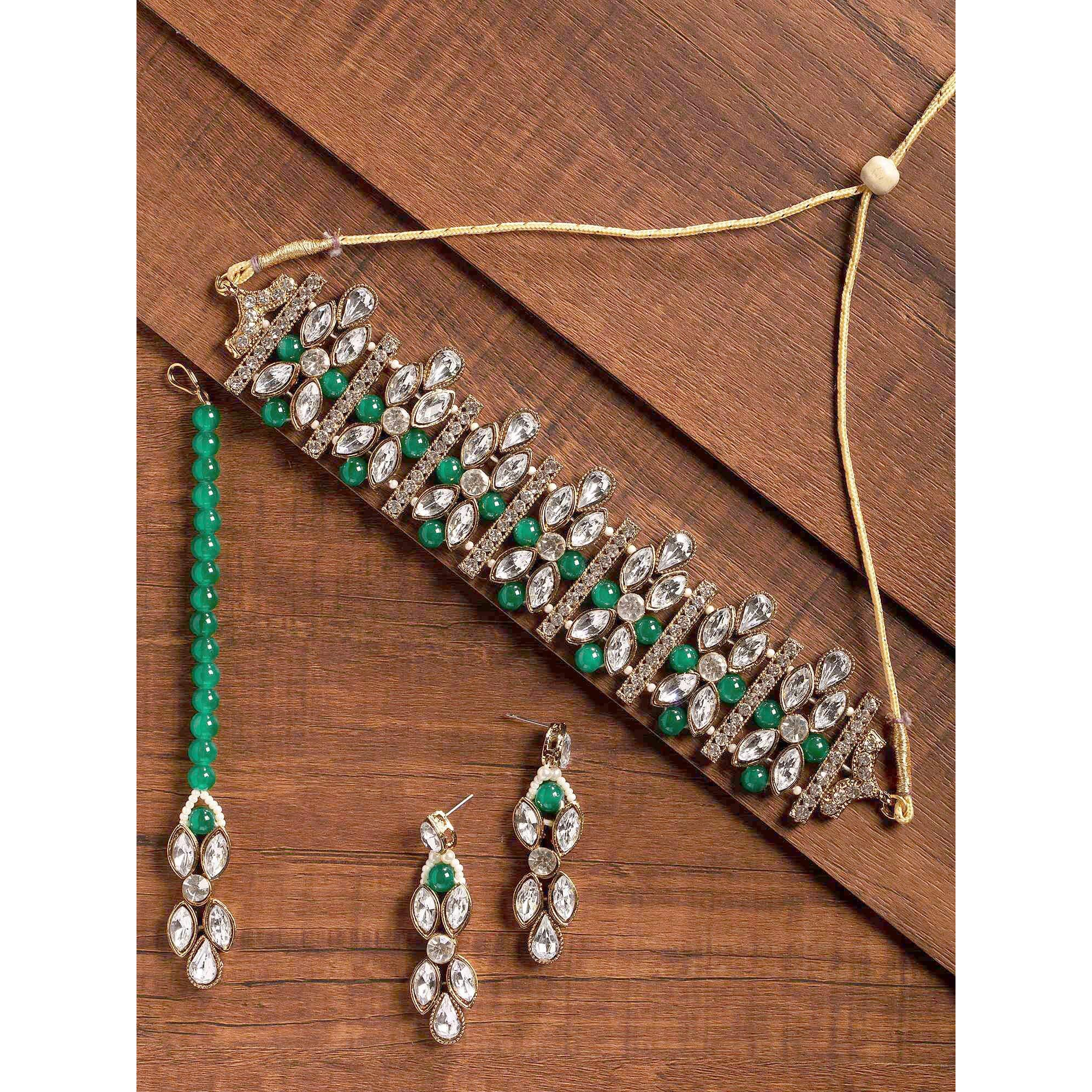 ZAVERI PEARLS Crystal Shine Stones & Green Beads Choker Jewellery Set For Women-ZPFK9366