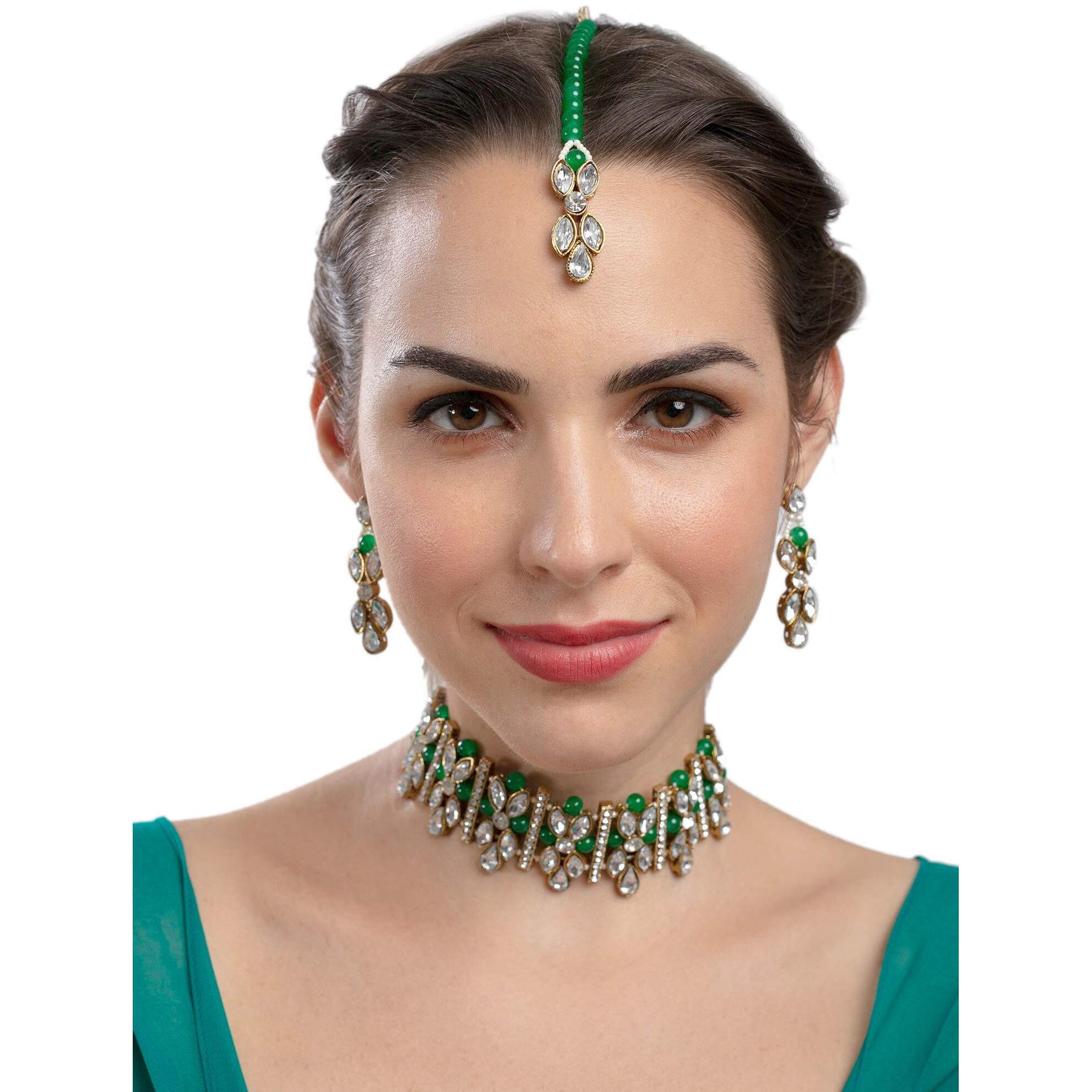 ZAVERI PEARLS Crystal Shine Stones & Green Beads Choker Jewellery Set For Women-ZPFK9366