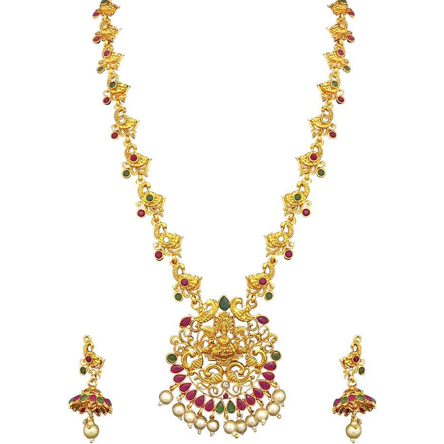 JewelMaze Jewelmaze Maroon and Green Pota Stone Necklace Set(red)(1113716) Gold Plated Long Mala Necklace for Women (Red) (1113716)