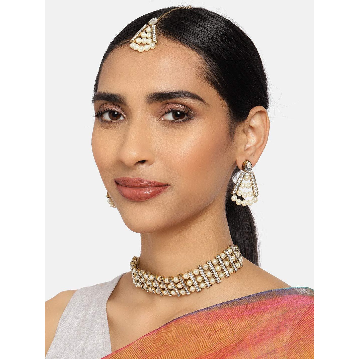 ZAVERI PEARLS Gold Tone Austrian Diamonds & Pearls Ethnic Choker Necklace Earring & Maangtikka Set For Women-ZPFK9973
