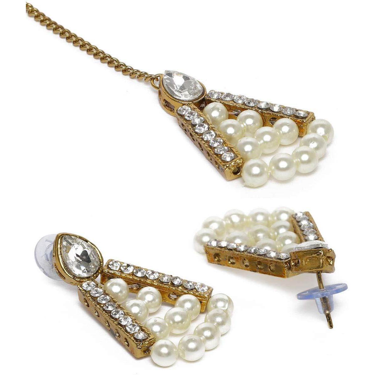 ZAVERI PEARLS Gold Tone Austrian Diamonds & Pearls Ethnic Choker Necklace Earring & Maangtikka Set For Women-ZPFK9973