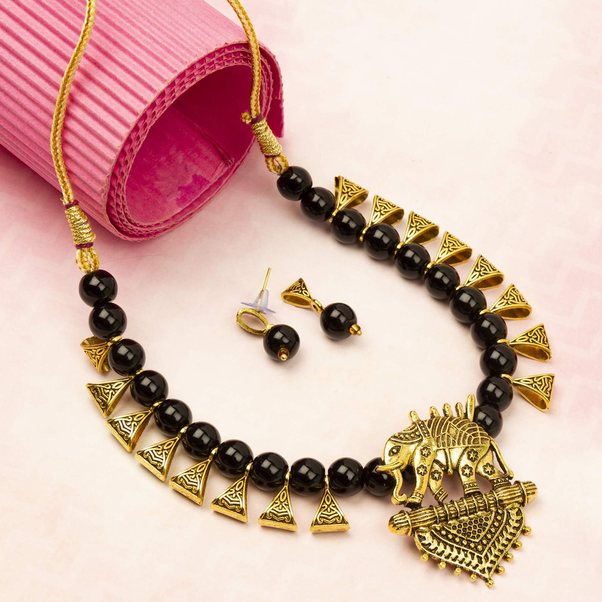 Jewels Galaxy Sparkling Beaded Elephant Inspired Brilliant Necklace Set for Women/Girls (CT-NCK-44037)