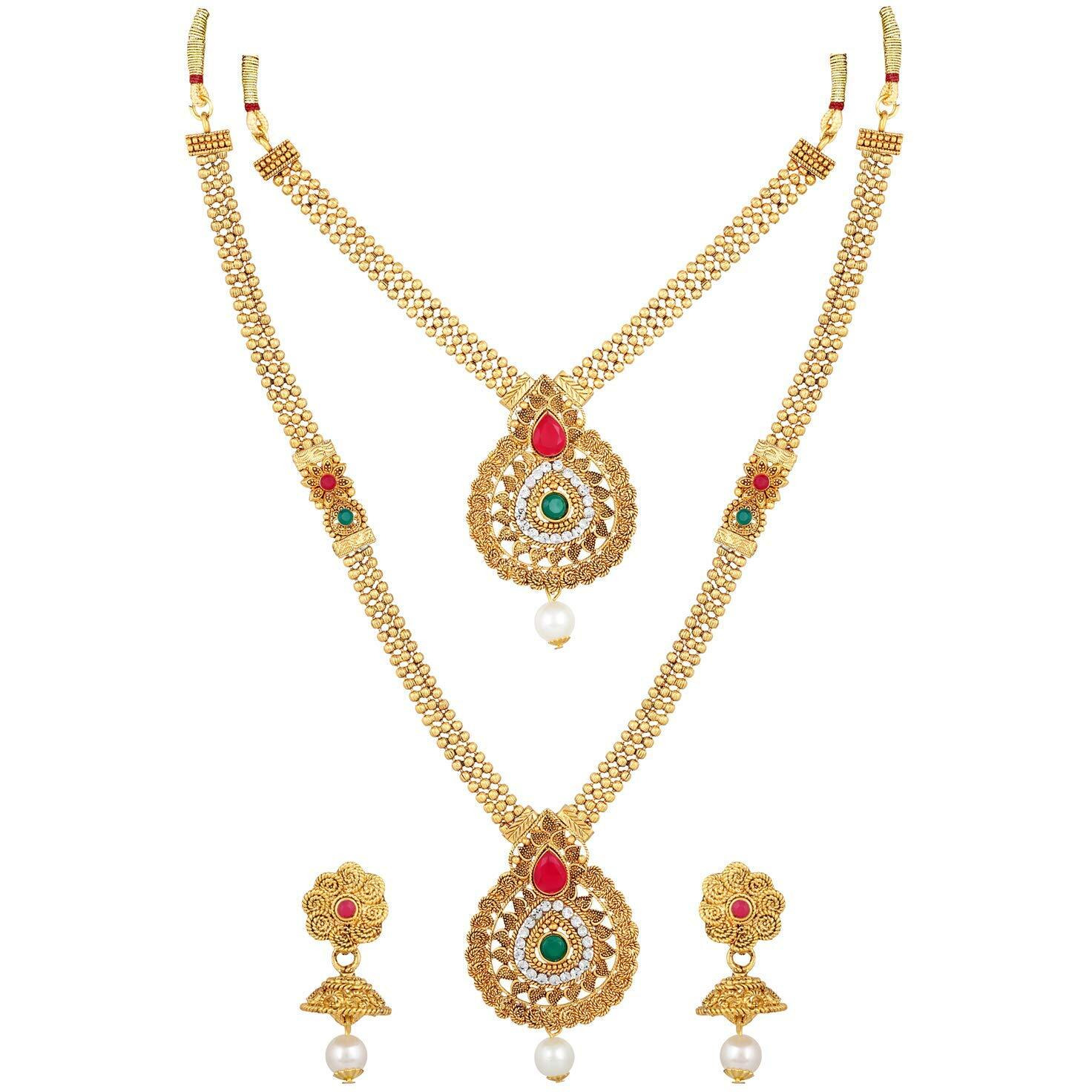 Shining Diva Fashion Latest Long Short Combo Necklace Set for Women Traditional Gold Plated Jewellery Set for Women (Golden) (10605s)