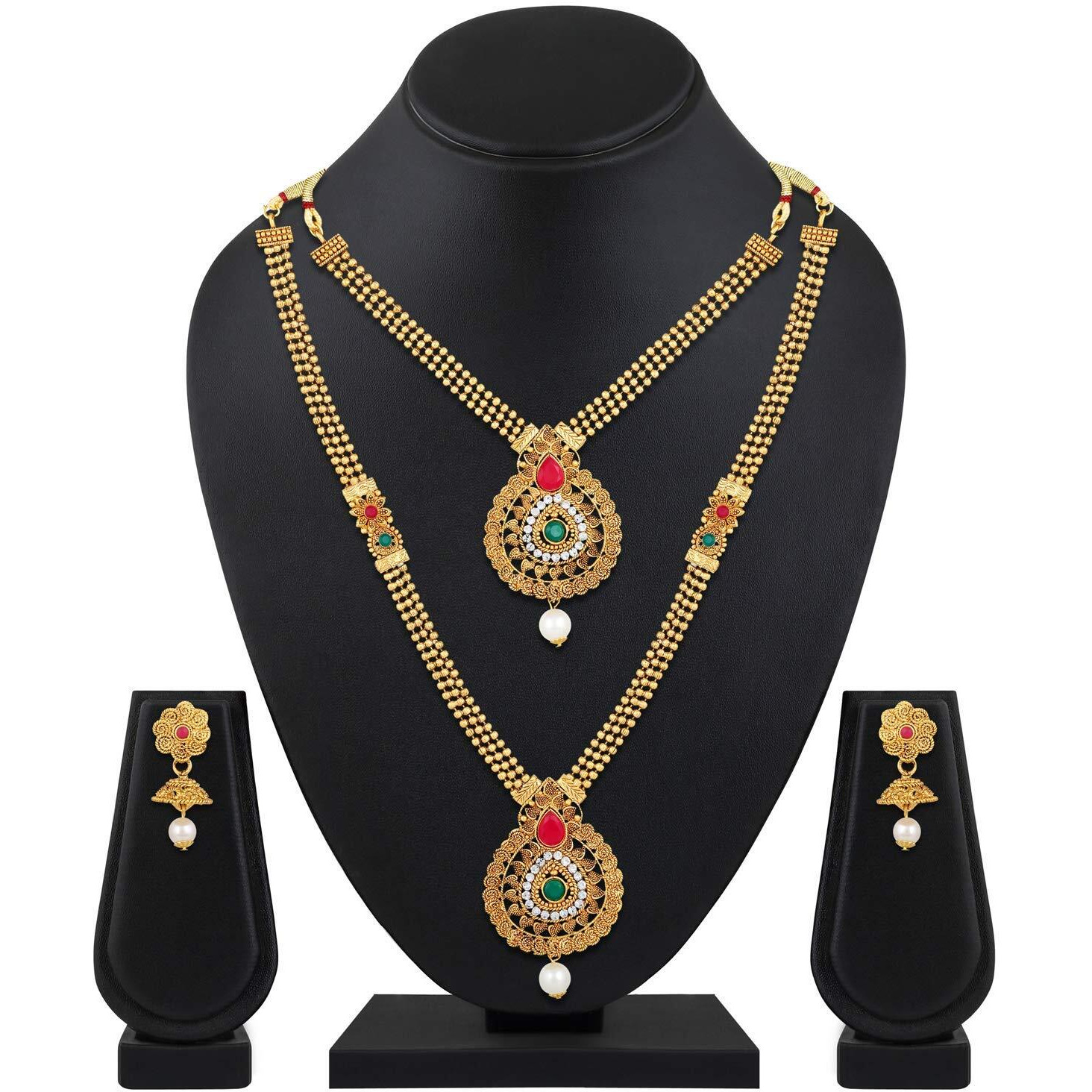 Shining Diva Fashion Latest Long Short Combo Necklace Set for Women Traditional Gold Plated Jewellery Set for Women (Golden) (10605s)