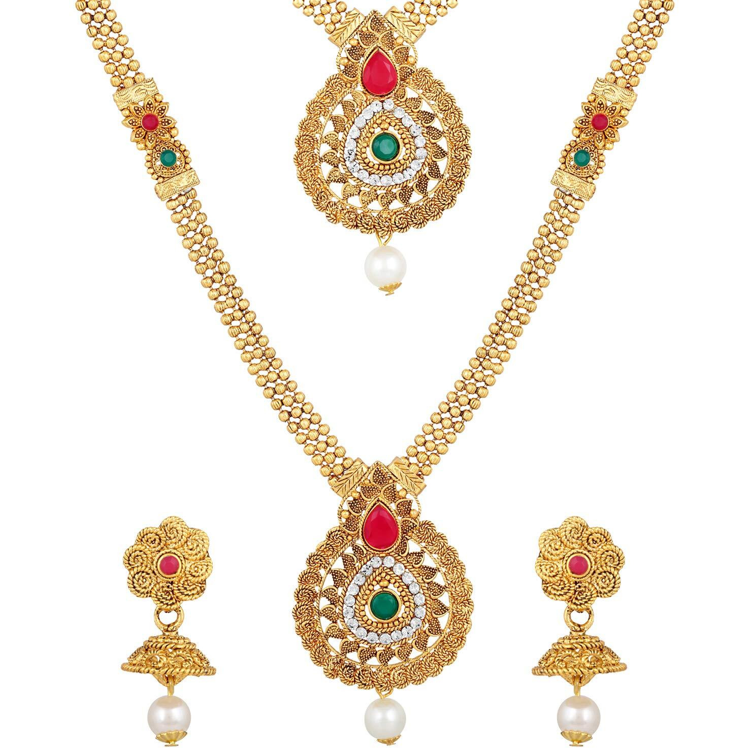 Shining Diva Fashion Latest Long Short Combo Necklace Set for Women Traditional Gold Plated Jewellery Set for Women (Golden) (10605s)