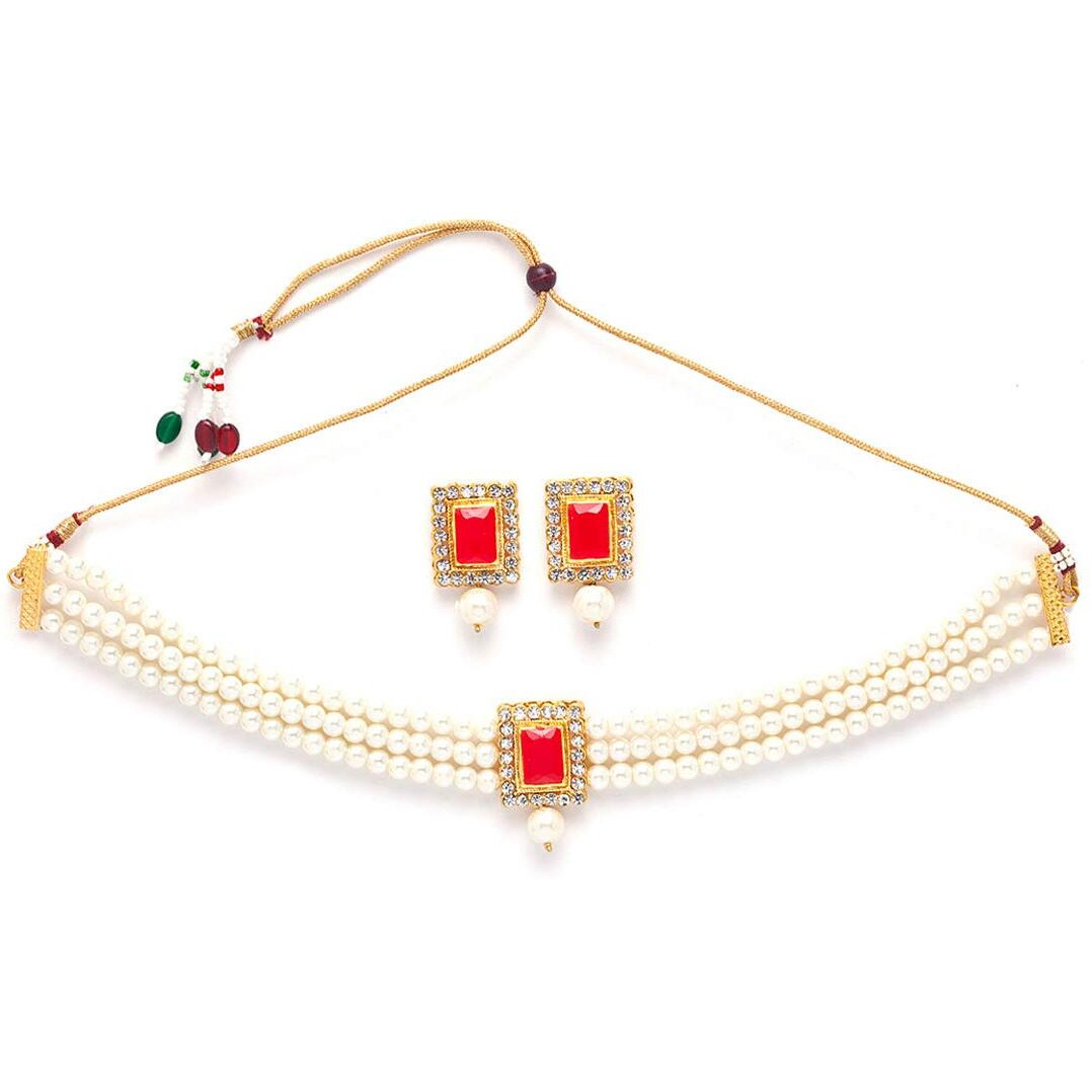 Shining Diva Fashion Latest Stylish Pearl Choker Necklace Jewellery Set for Women (Red) (12288s)