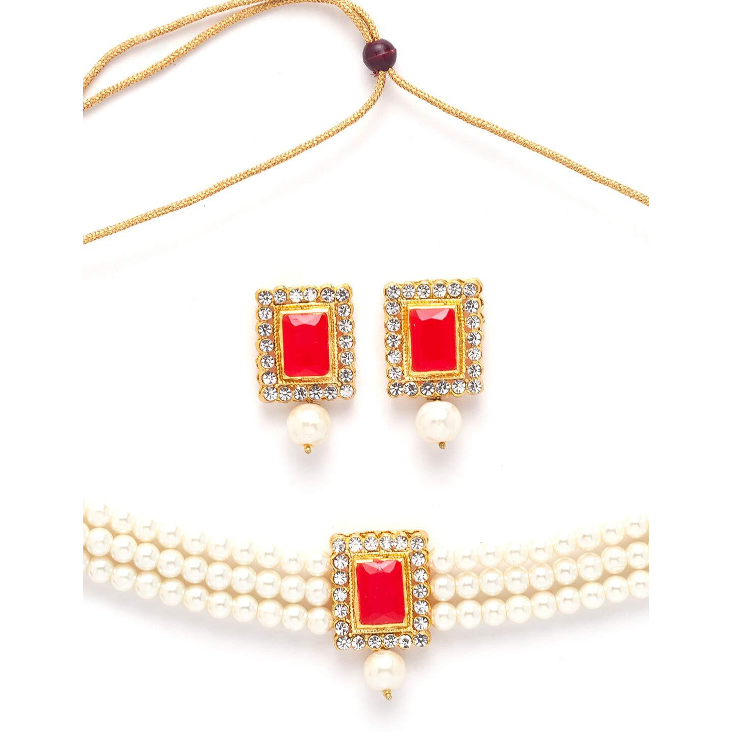 Shining Diva Fashion Latest Stylish Pearl Choker Necklace Jewellery Set for Women (Red) (12288s)