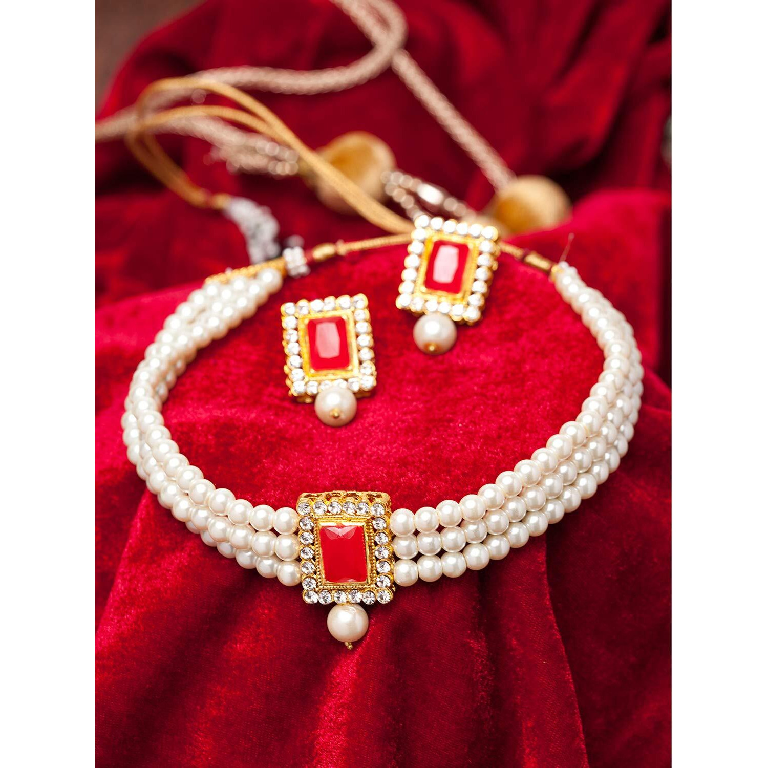 Shining Diva Fashion Latest Stylish Pearl Choker Necklace Jewellery Set for Women (Red) (12288s)