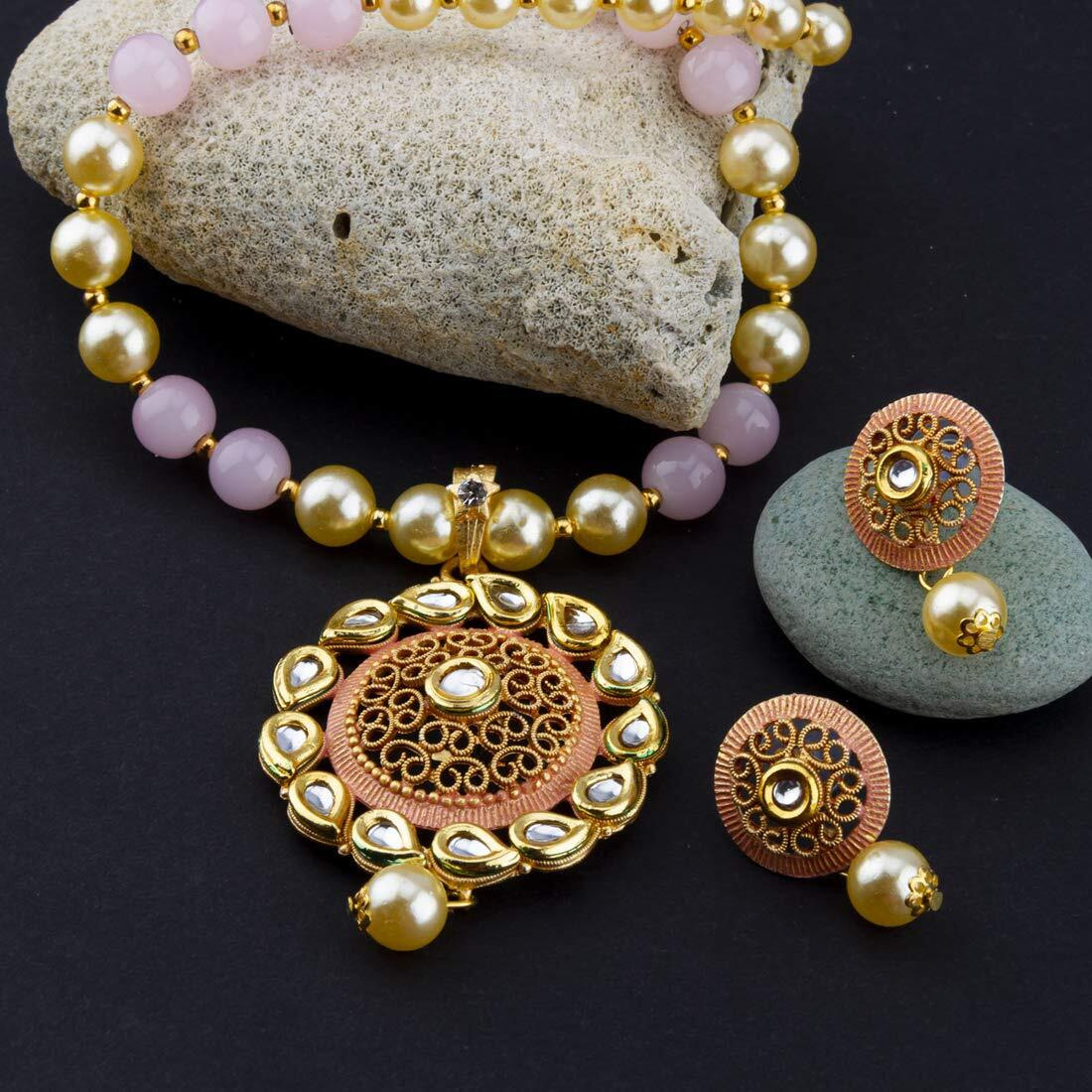 Jewels Galaxy Exclusive Pearl & Kundan Gold Plated Plushy Necklace Set for Women/Girls (CT-NCK-44004)